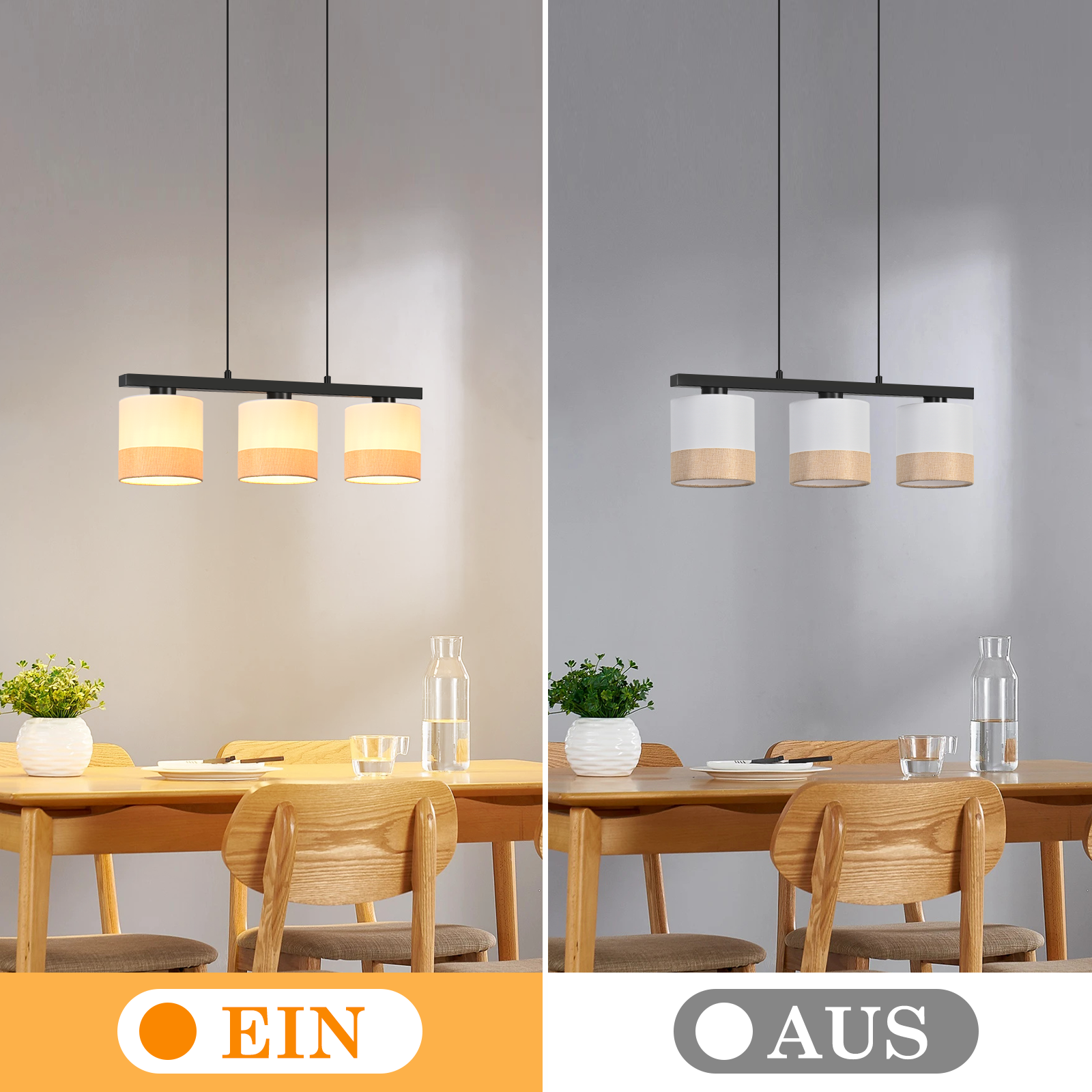 Esszimmer mit Holztisch, Stühlen, Pflanzen und einer Leuchte. Eine Seite ist beleuchtet, die andere dunkel.