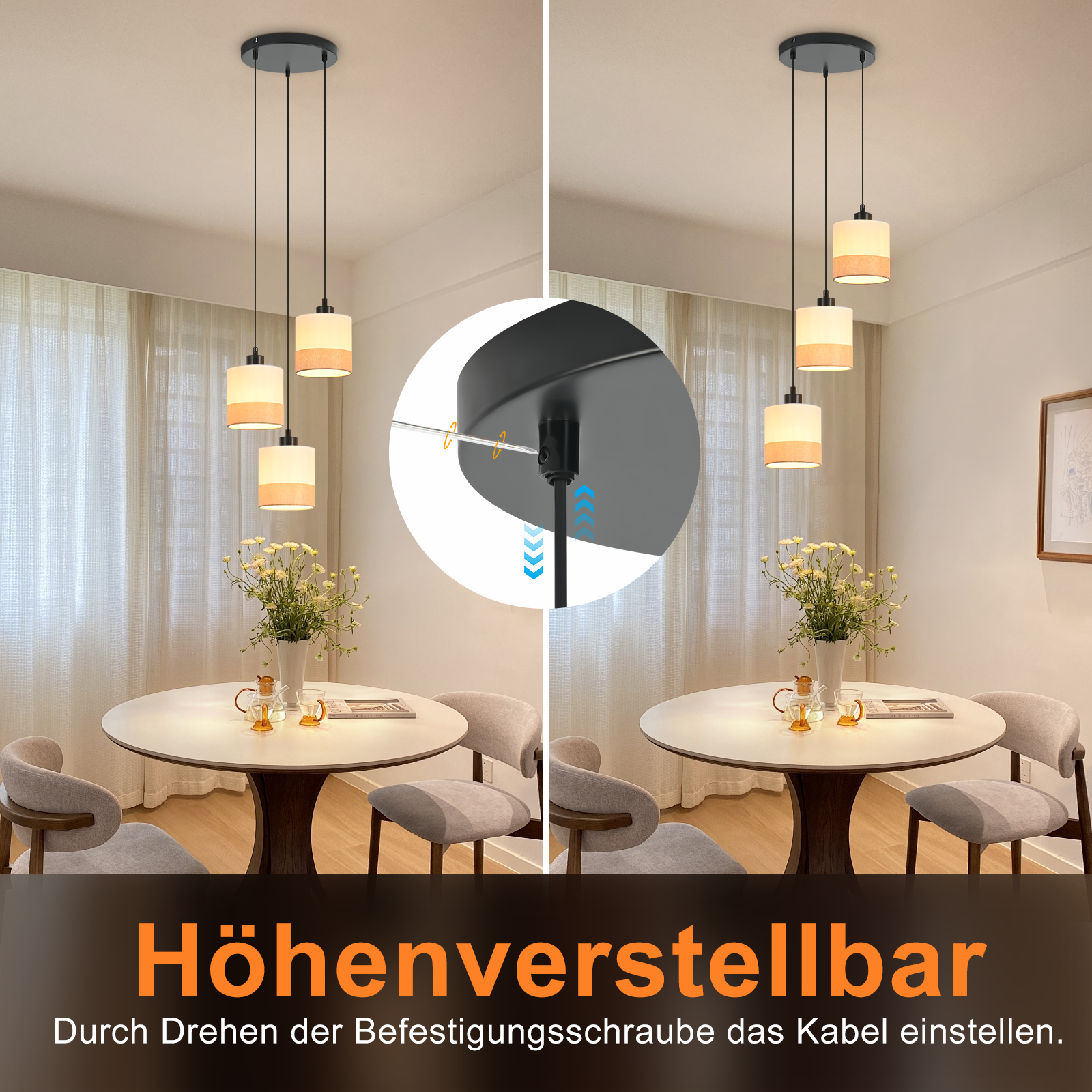 Esszimmer mit Pendelleuchten. Runder Tisch mit Blumen, Teekanne und Gläsern. Höhenverstellbar per Schraube.