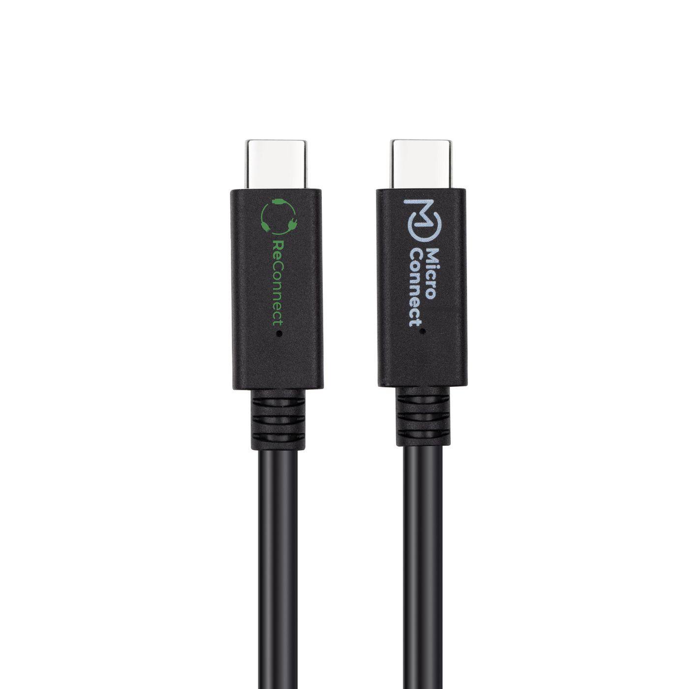 Deux câbles USB-C noirs, l'un étiqueté 'ReConnect' avec un symbole de recyclage, l'autre 'Micro Connect'.