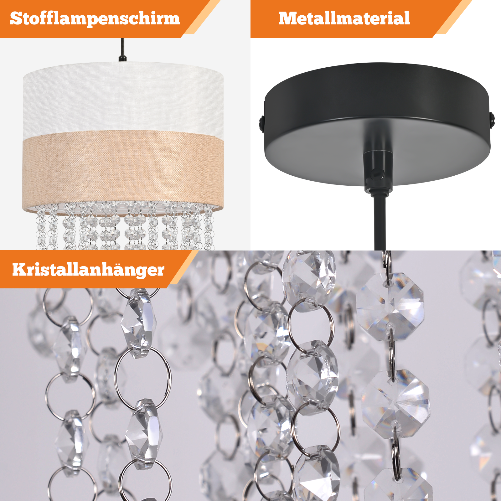 Eine Pendelleuchte mit weißem und tanfarbenem Stoffschirm, schwarzen Metalldetails und Kristallperlen.