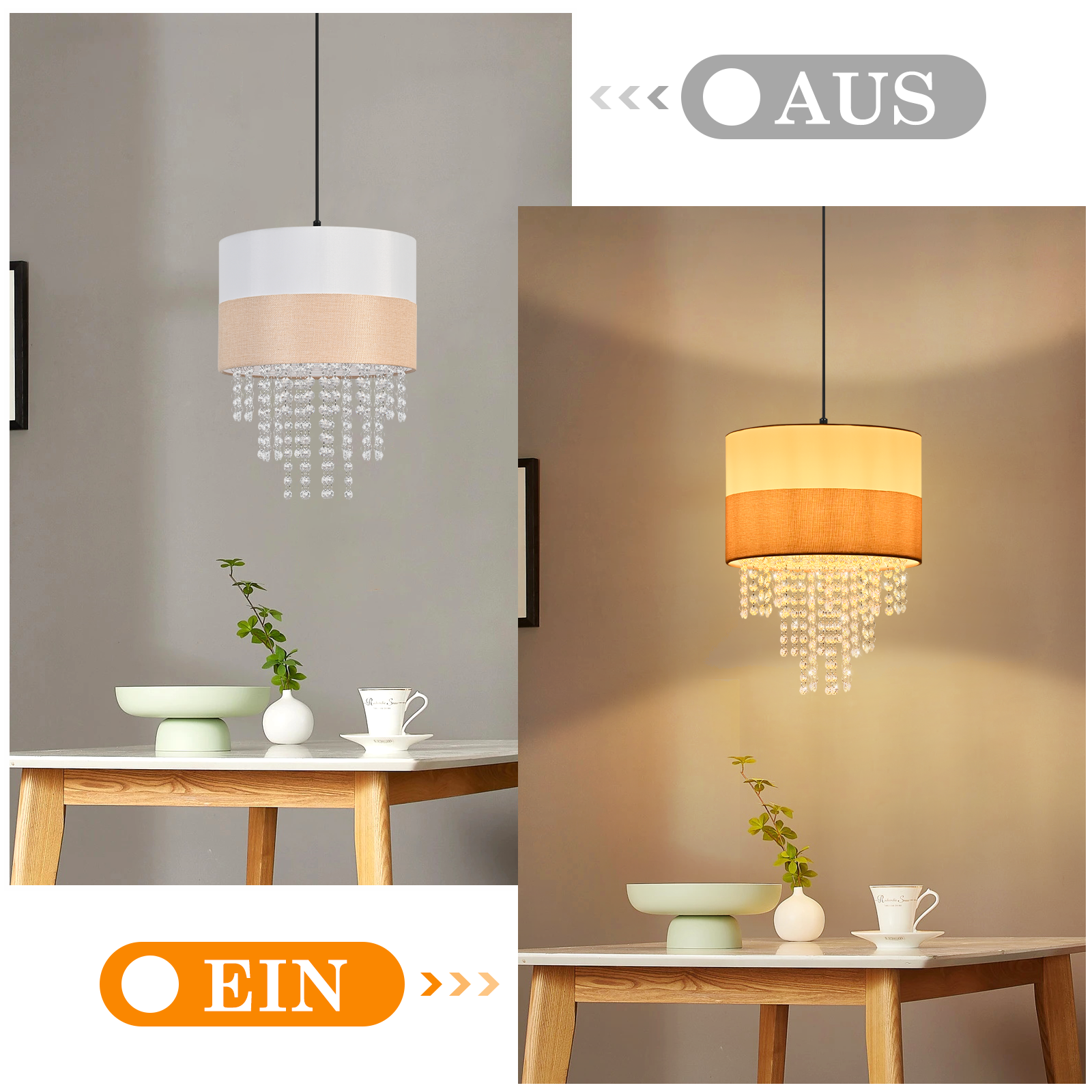 Eine zweifarbige Pendelleuchte hängt über einem Tisch mit Vase, Schale und Tasse. Die Lampe ist im rechten Bild an.