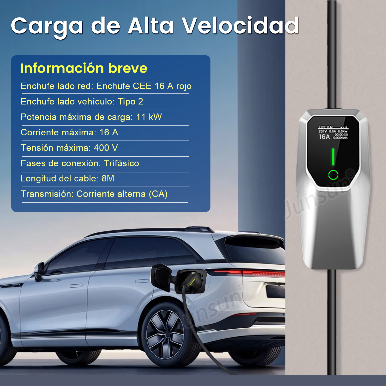 Un coche eléctrico se está cargando. Una estación de carga está conectada al coche. Un cuadro de texto enumera las especificaciones de carga.