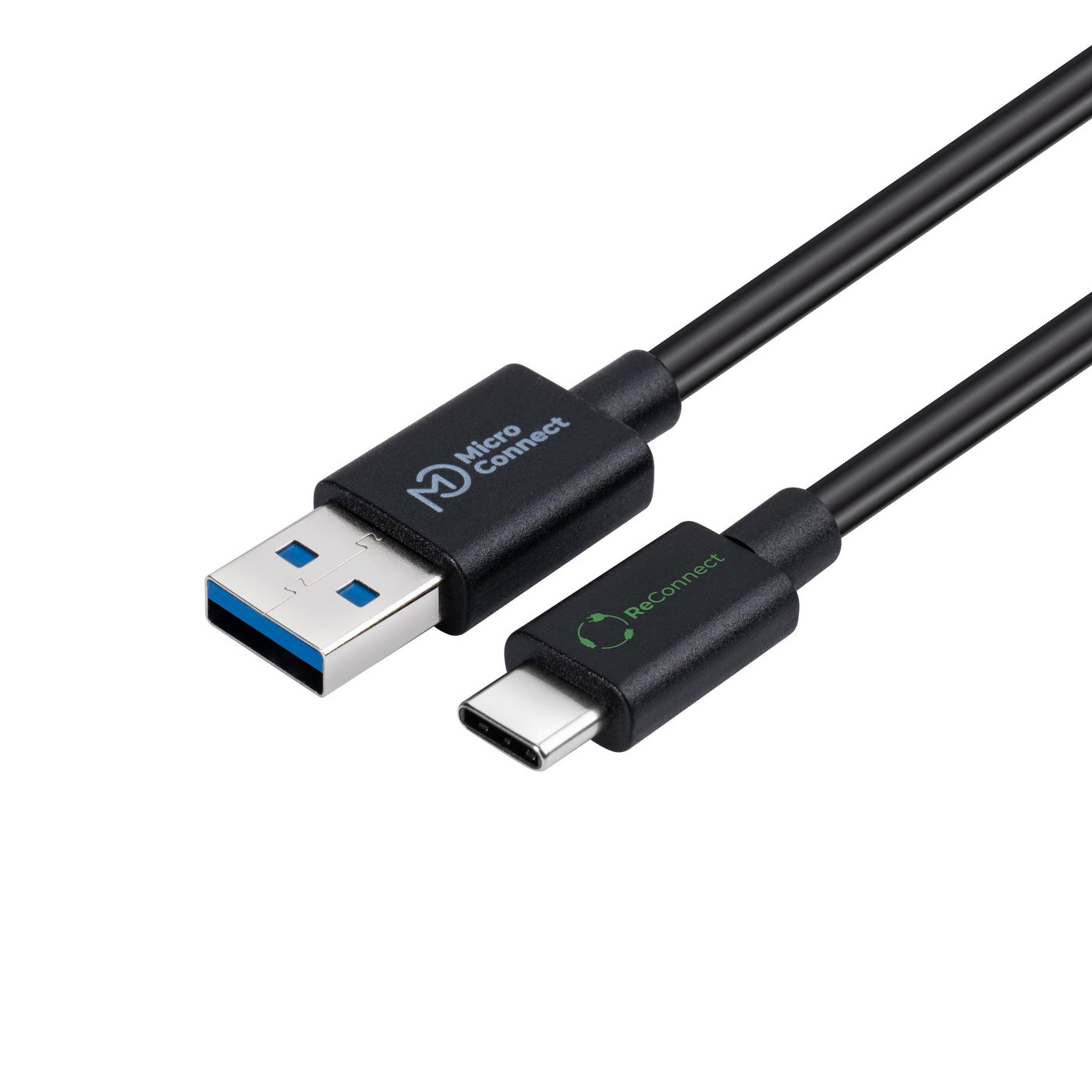 Un câble USB noir avec des connecteurs USB-A et USB-C. Le connecteur USB-A a un intérieur bleu. Le câble est étiqueté avec des logos.