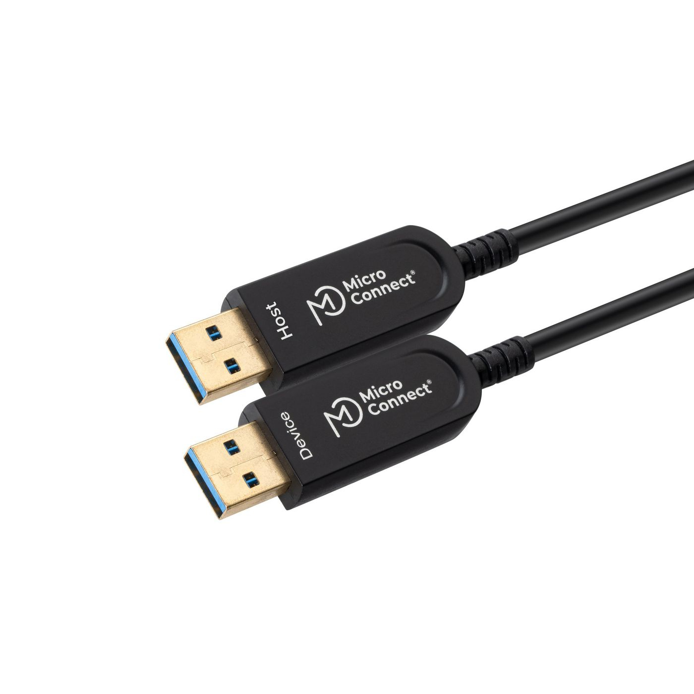 Deux câbles USB noirs avec connecteurs bleus. Chacun a un logo Micro Connect et les étiquettes 'Host' et 'Device'.