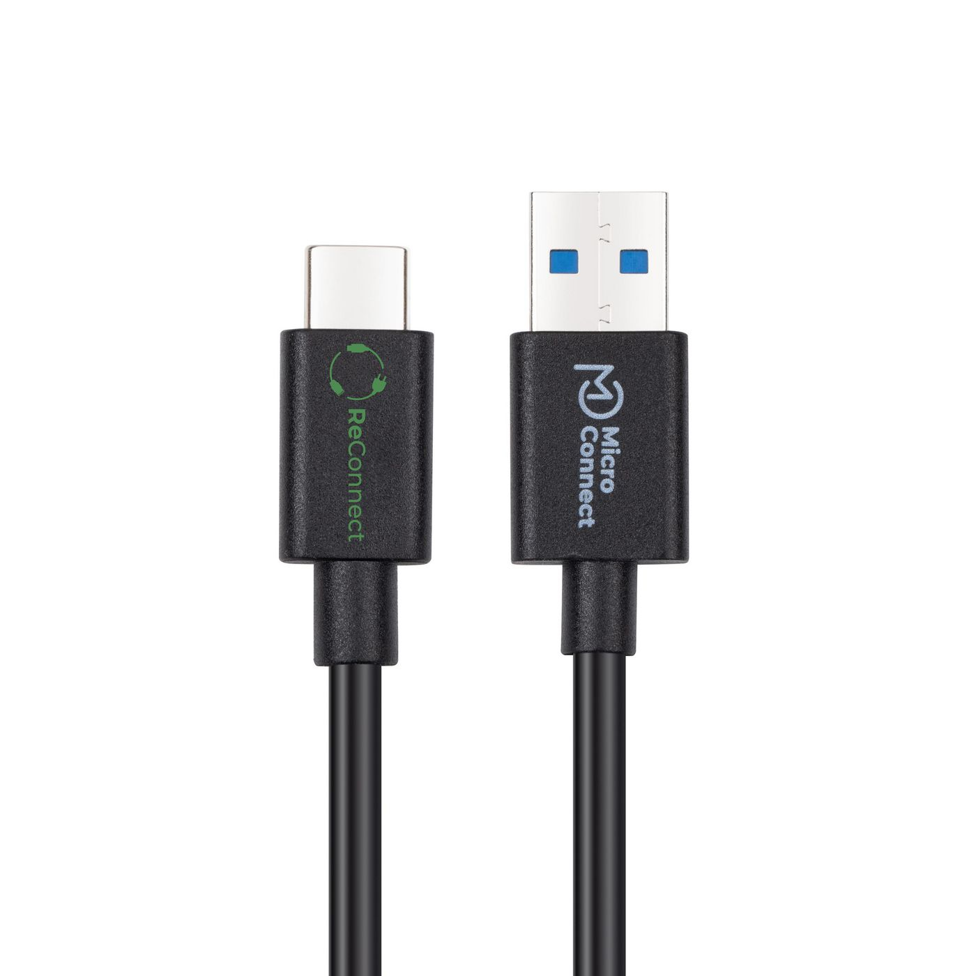Deux câbles USB noirs sont présentés. L'un a un connecteur USB-C et l'autre un connecteur USB-A. Les deux ont des logos et du texte.