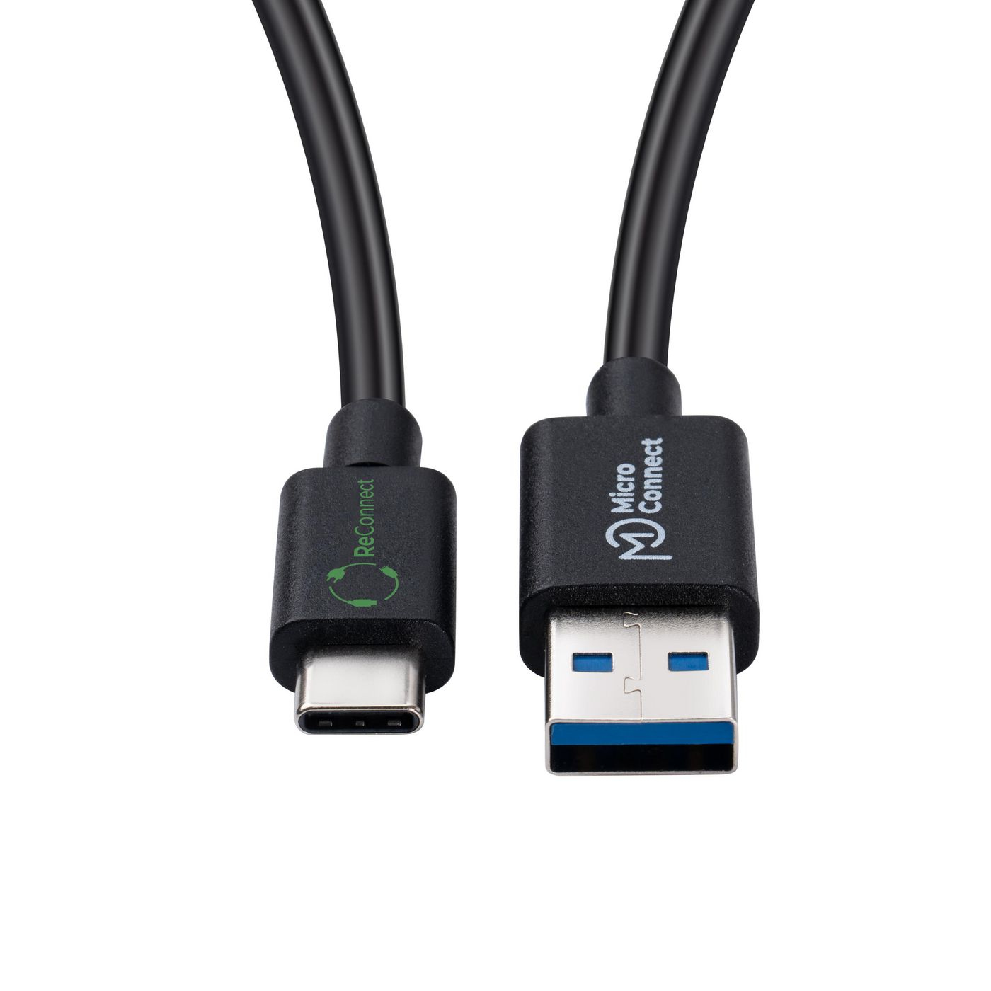 Deux câbles USB noirs avec connecteurs. L'un a un connecteur USB-C, l'autre USB-A. Les deux sont sur fond blanc.