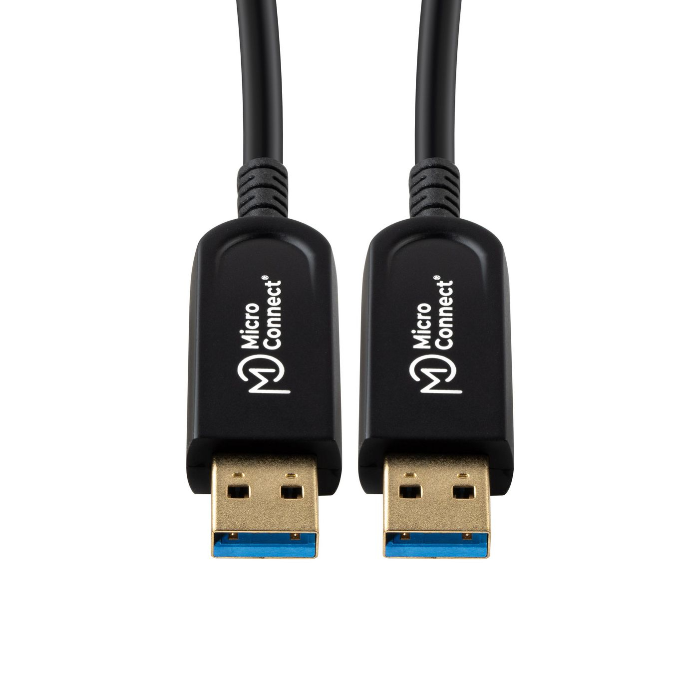 Deux câbles USB noirs avec des connecteurs dorés et bleus, étiquetés 'Micro Connect' sur le boîtier noir, sur fond blanc.
