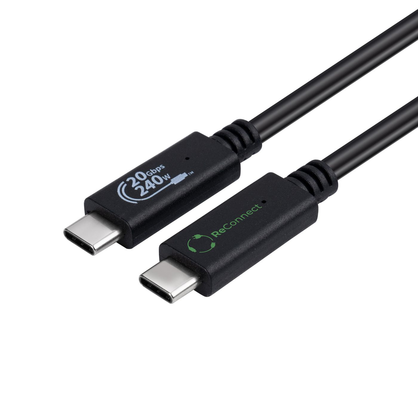 Twee zwarte USB-C kabels, één met '20Gbps 240W' en de ander met 'Reconnect' en een recycle logo.
