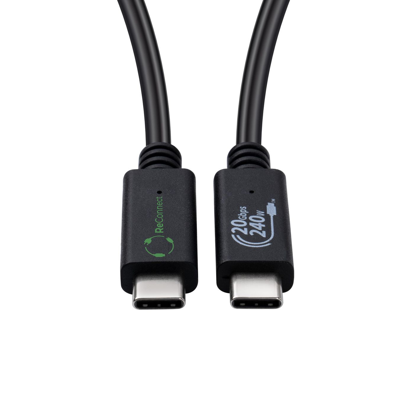 Twee zwarte USB-C-kabels, connectoren naar beneden. Eén zegt 'ReConnect', de andere '20 Gbps 240W'.