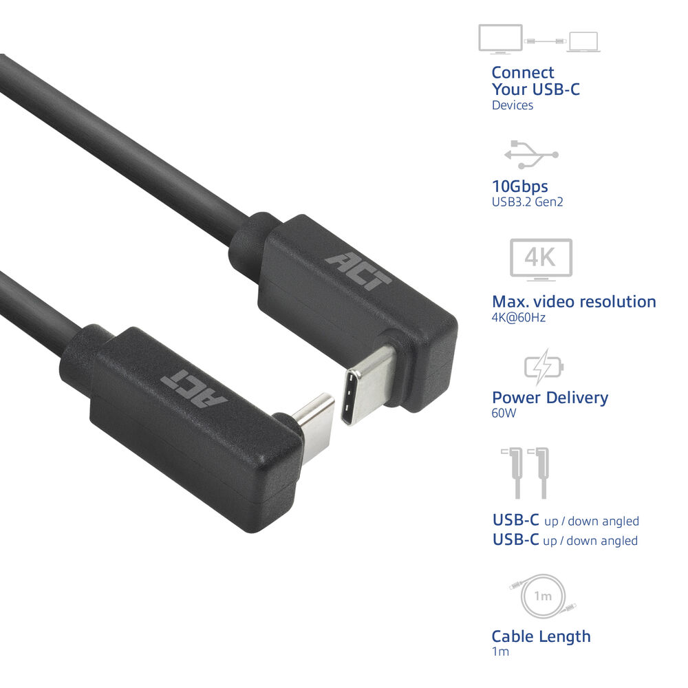 Ein schwarzes USB-C-Kabel mit abgewinkelten Steckern. Das Kabel hat das ACT-Logo. Spezifikationen sind ebenfalls rechts aufgeführt.