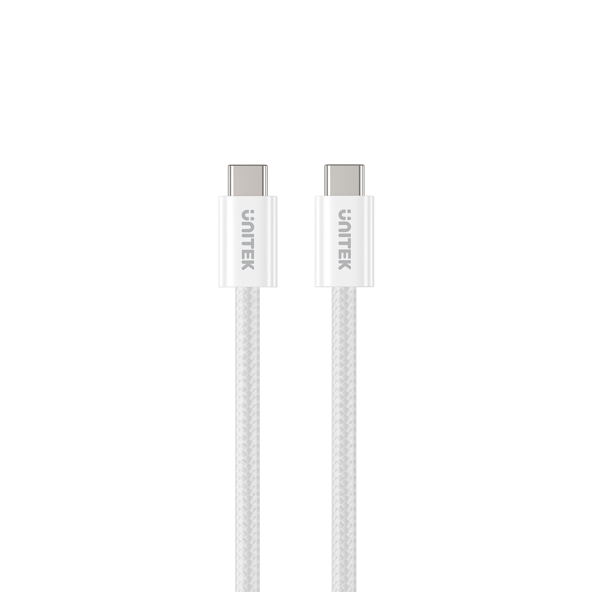 Deux câbles de chargement USB-C blancs. Chaque câble a un connecteur rectangulaire avec le logo Unitek et un câble tressé blanc.