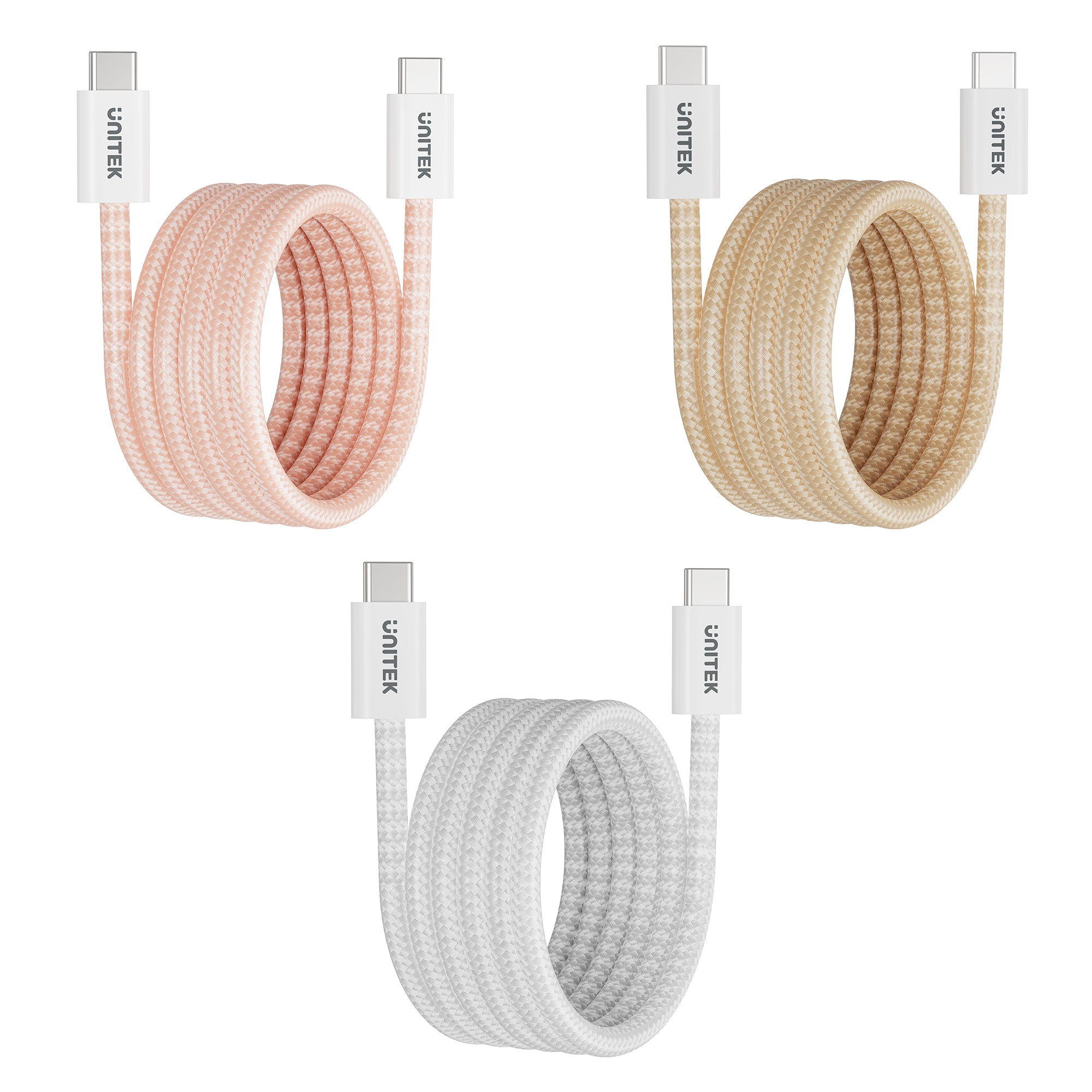 Trois câbles USB-C enroulés : rose, beige et blanc. Chacun a des connecteurs blancs avec le logo 'Unitek'.