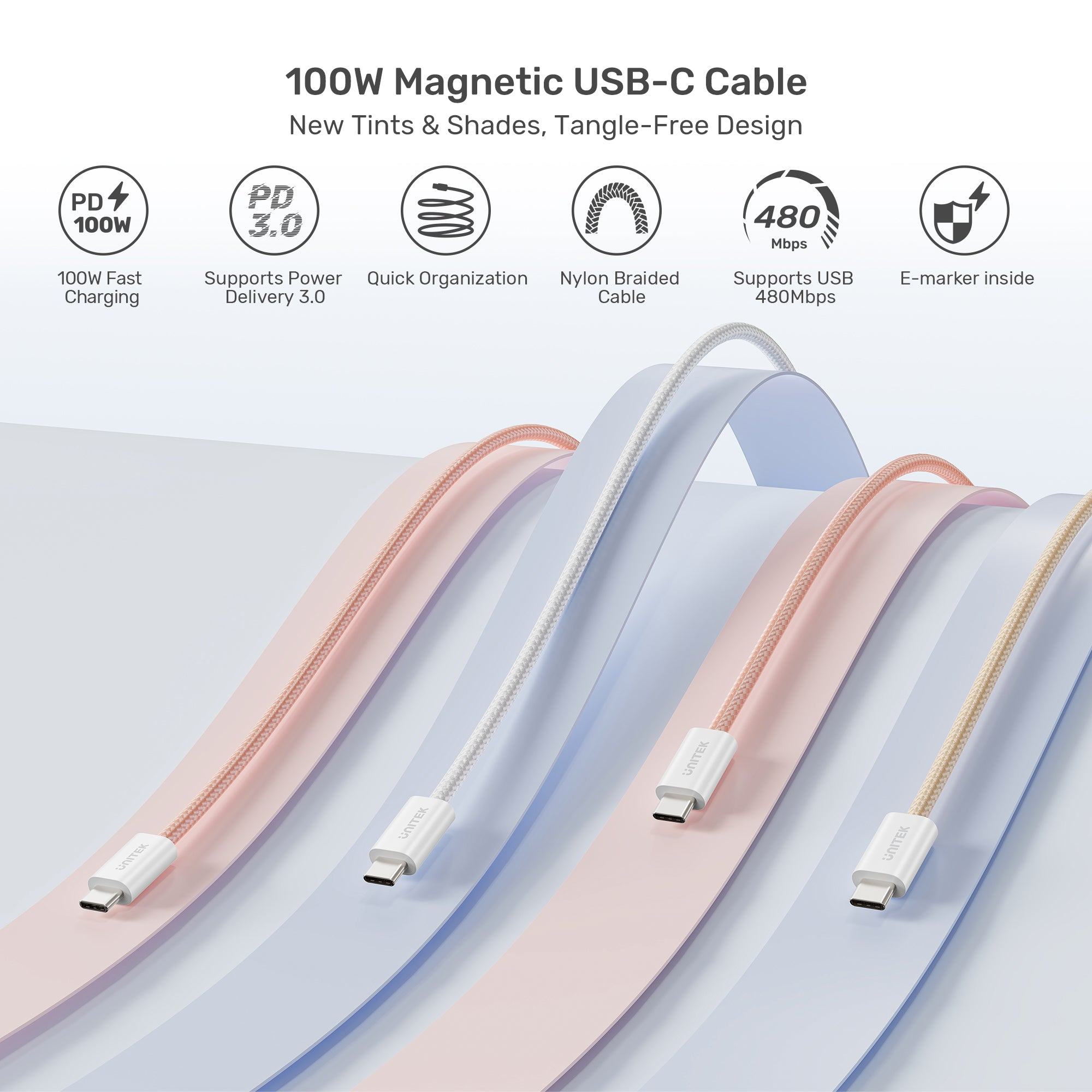L'image montre des câbles USB-C de différentes couleurs. Le texte dit '100W Magnetic USB-C Cable' avec des fonctionnalités.