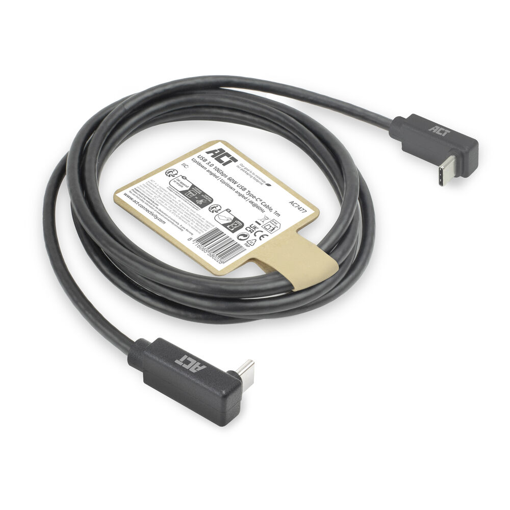 Ein schwarzes USB-C-Kabel, aufgerollt, mit Anschlüssen an jedem Ende. Ein Etikett mit Text ist angebracht. Der Hintergrund ist weiß.