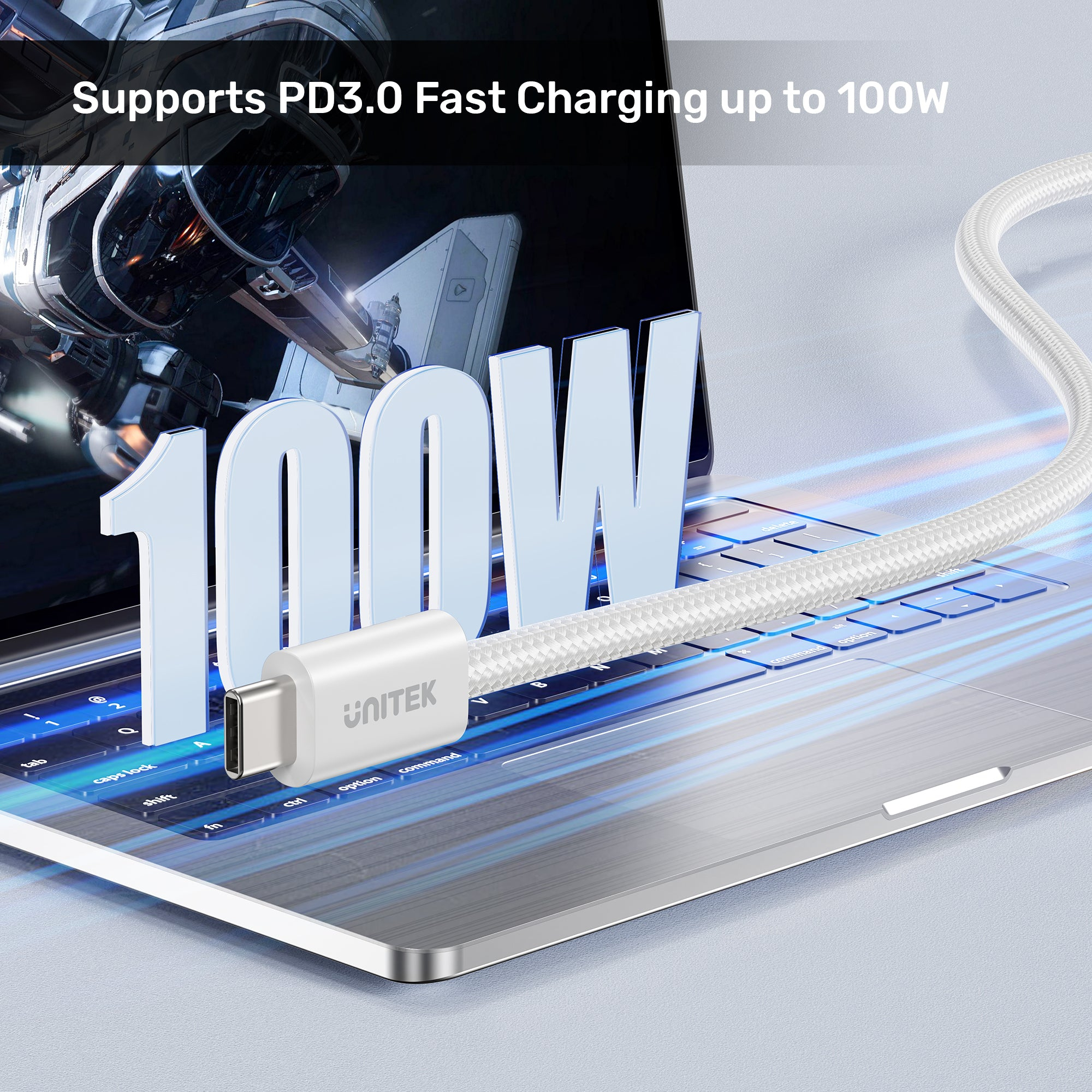 Un câble de chargement USB-C blanc avec un ordinateur portable en arrière-plan et le chiffre 100 en grandes lettres.