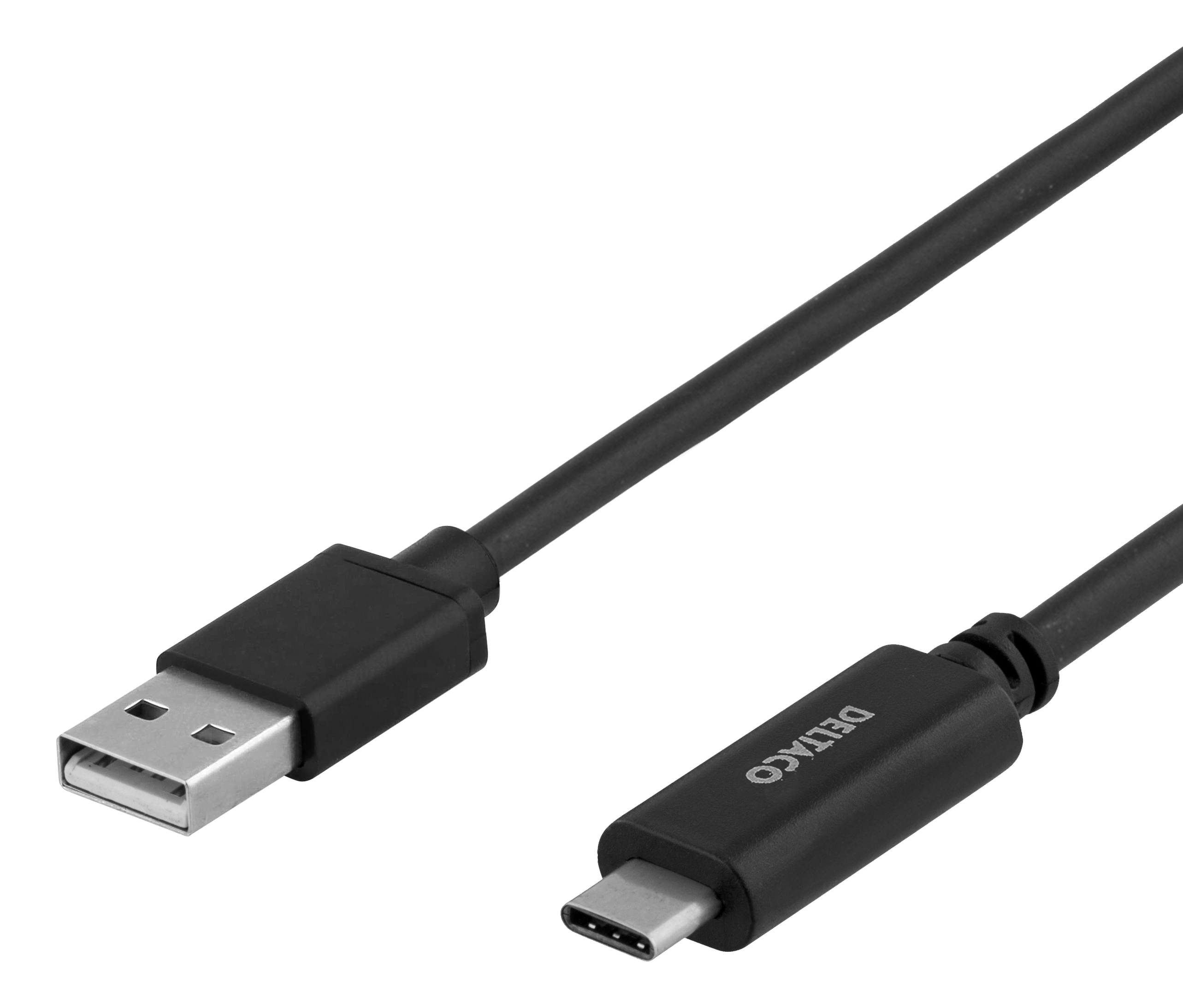 Cavo da USB-A a USB-C nero. Il cavo è su sfondo bianco. Un'estremità è USB-A e l'altra è USB-C.