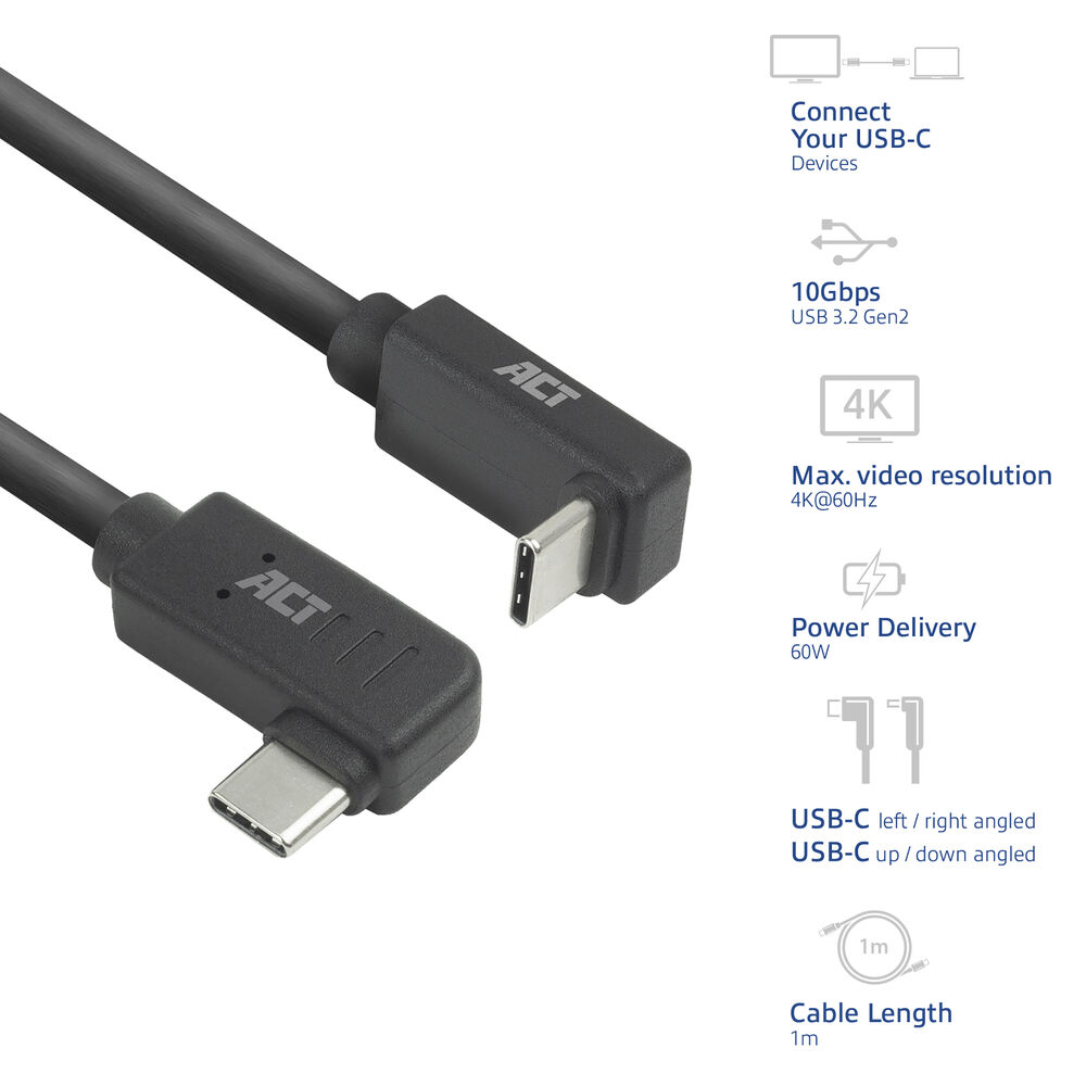 Zwarte USB-C-kabel met haakse connectoren. De kabel heeft het 'ACT'-logo en ondersteunt 4K-video, 60W stroomvoorziening en 10 Gbps gegevensoverdracht.
