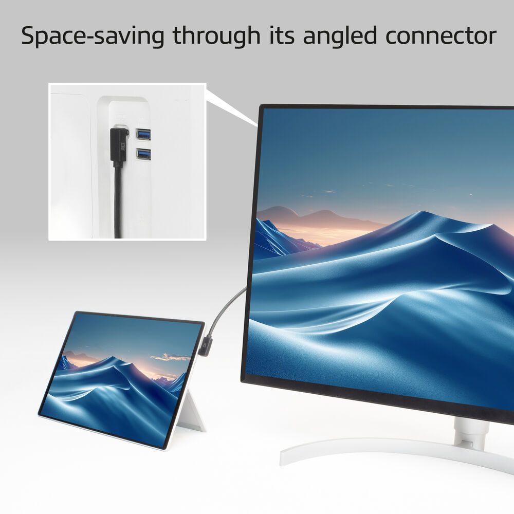 Een tablet en monitor verbonden via een kabel. De monitor toont een woestijnscène. Een close-up toont de connector.