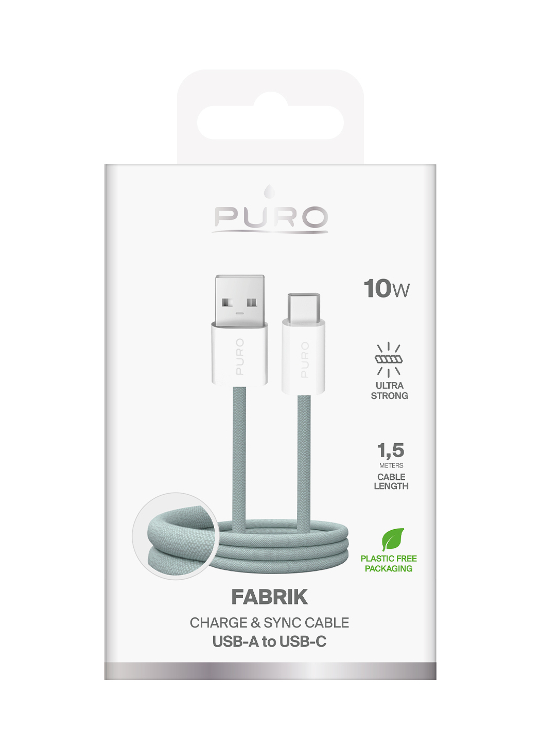 Biały i turkusowy kabel ładujący USB-A do USB-C w opakowaniu. Opakowanie przedstawia kabel, markę i specyfikacje.