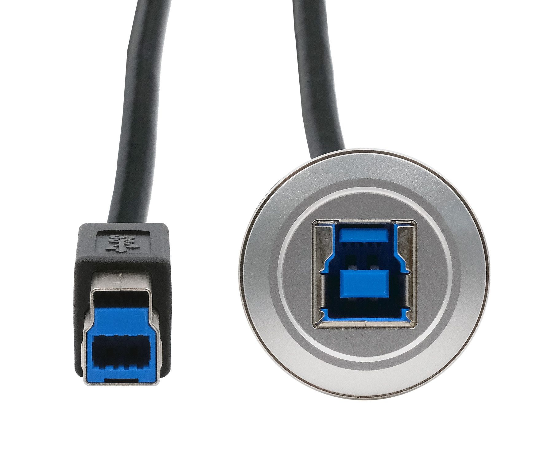 Zwei USB-3.0-Anschlüsse mit schwarzen Kabeln. Einer ist rechteckig, der andere kreisförmig mit silbernem Rahmen.