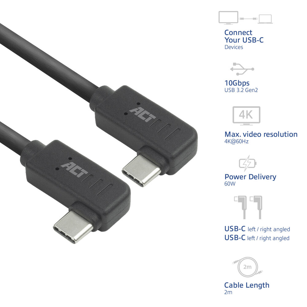 Zwei schwarze USB-C-Kabel, beschriftet mit 'ACT', mit Symbolen für Konnektivität, 4K-Auflösung und Stromversorgung.