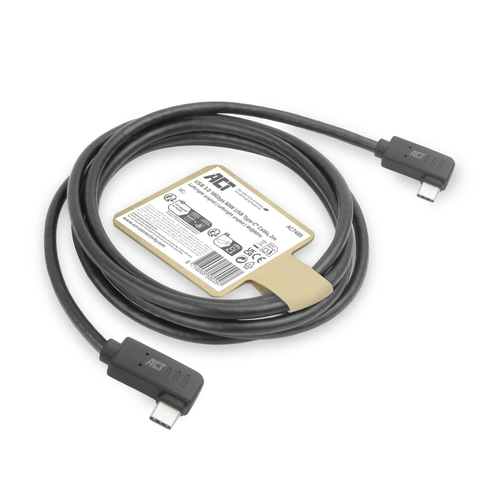 Ein schwarzes USB-C-Kabel mit abgewinkelten Steckern und einem Produktetikett, auf weißem Grund.