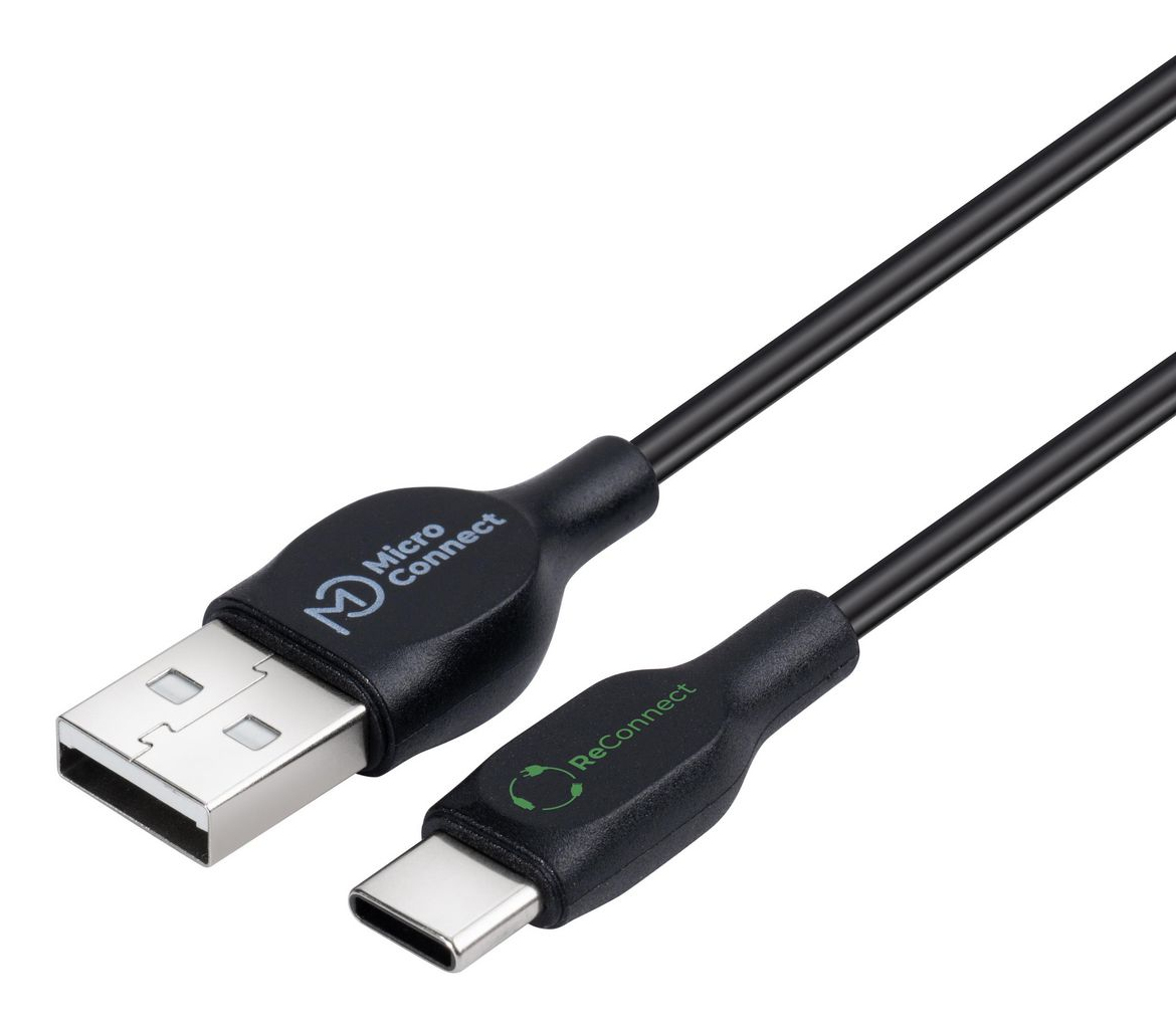 Un câble noir USB-A vers USB-C. Une extrémité a un connecteur USB-A avec le logo Micro Connect. L'autre extrémité a un connecteur USB-C.
