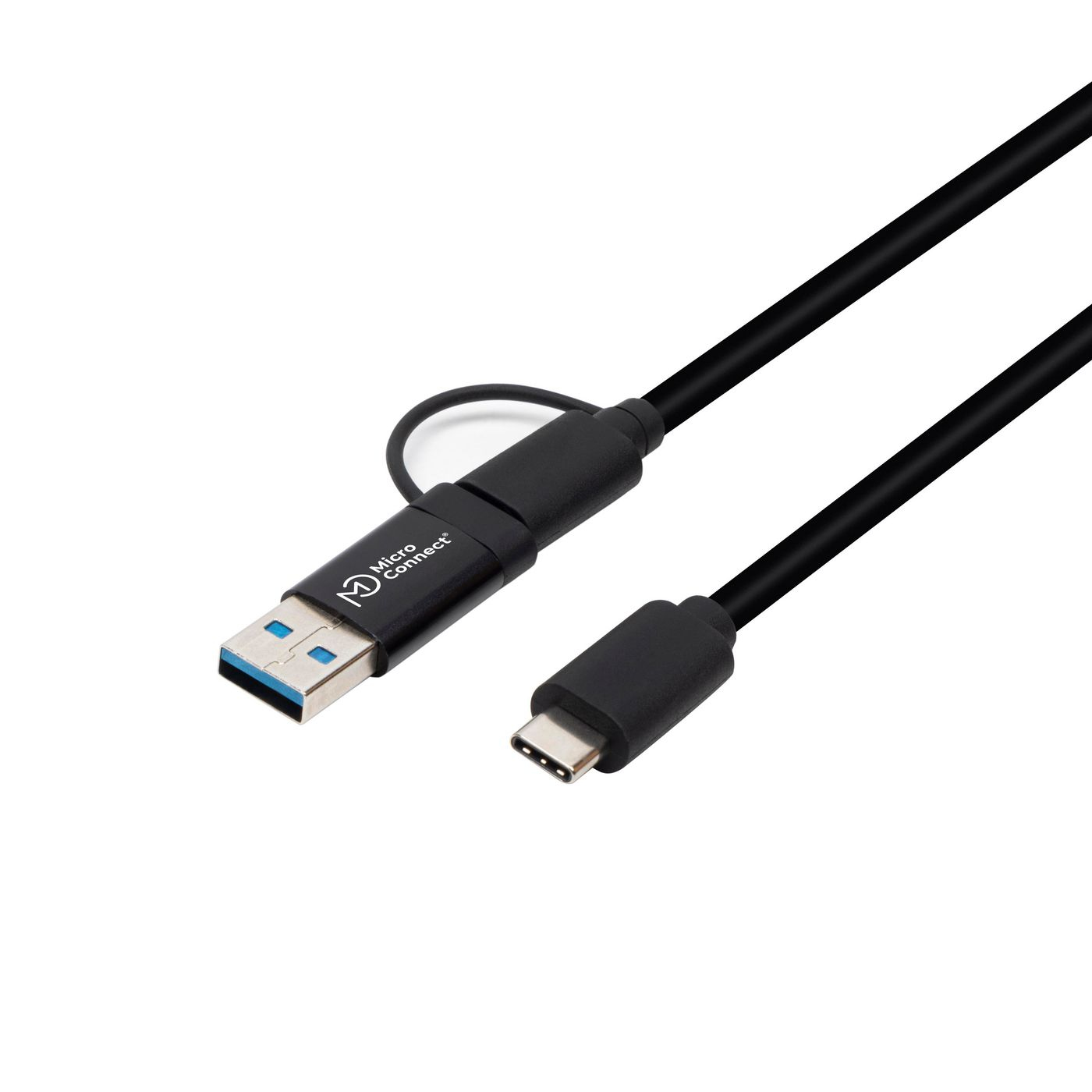 Un câble USB noir avec un connecteur USB-A et USB-C. L'USB-A a des inserts bleus, le câble est sur un fond blanc.