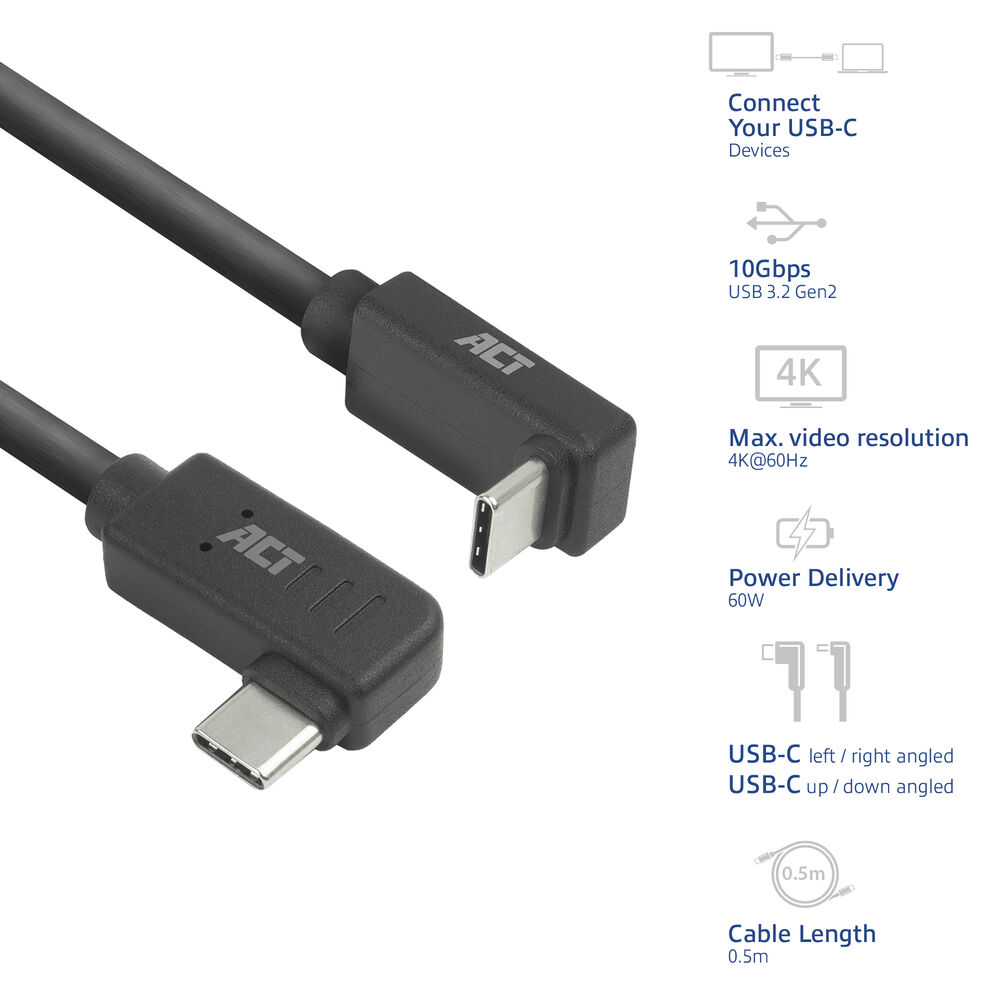 Zwarte USB-C-kabel met haakse connectoren. De kabel heeft het 'ACT'-logo en ondersteunt 4K-video, 60W stroomvoorziening en 10 Gbps gegevensoverdracht.