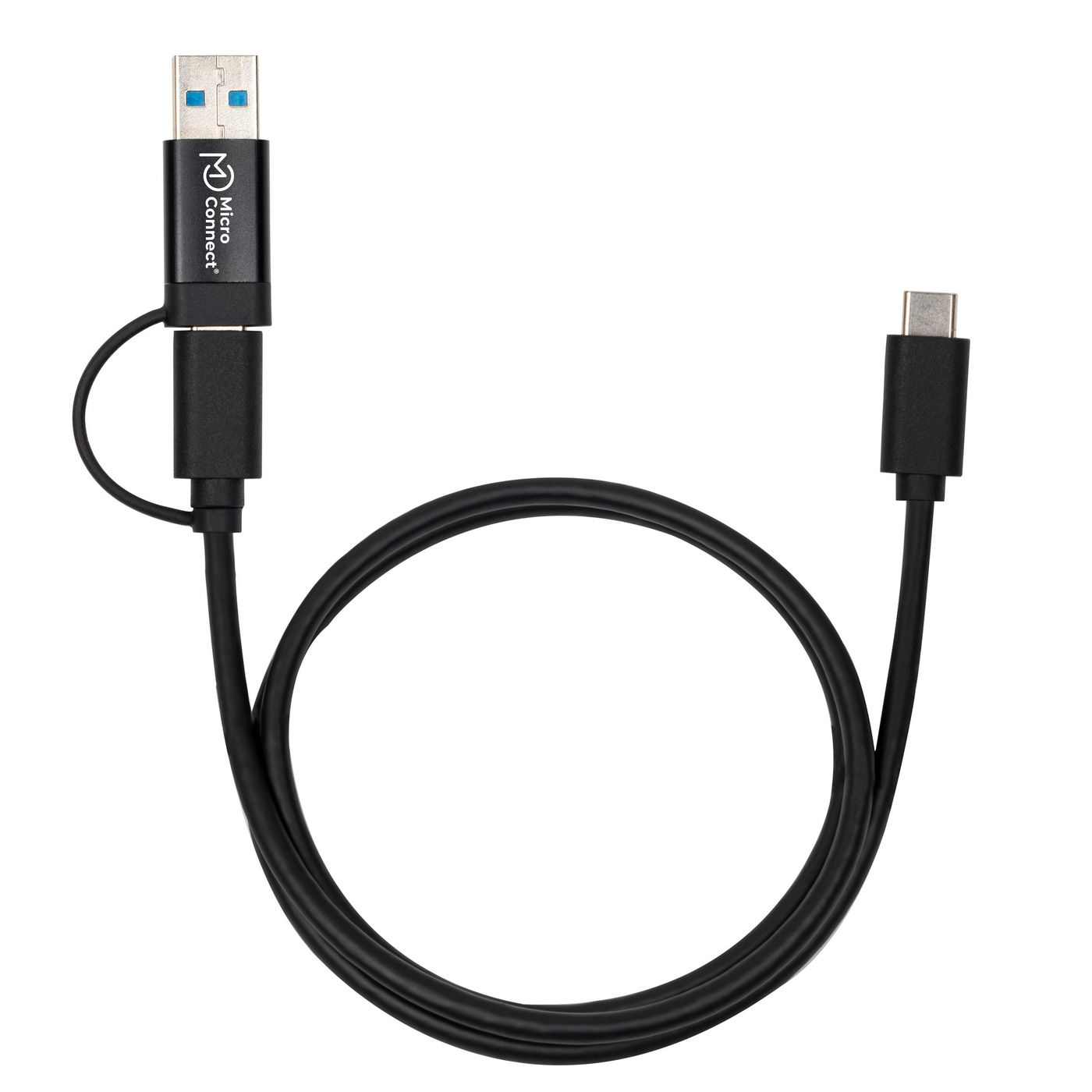 Un câble USB noir avec un connecteur USB-A et USB-C. Le câble est enroulé et le fond est blanc.