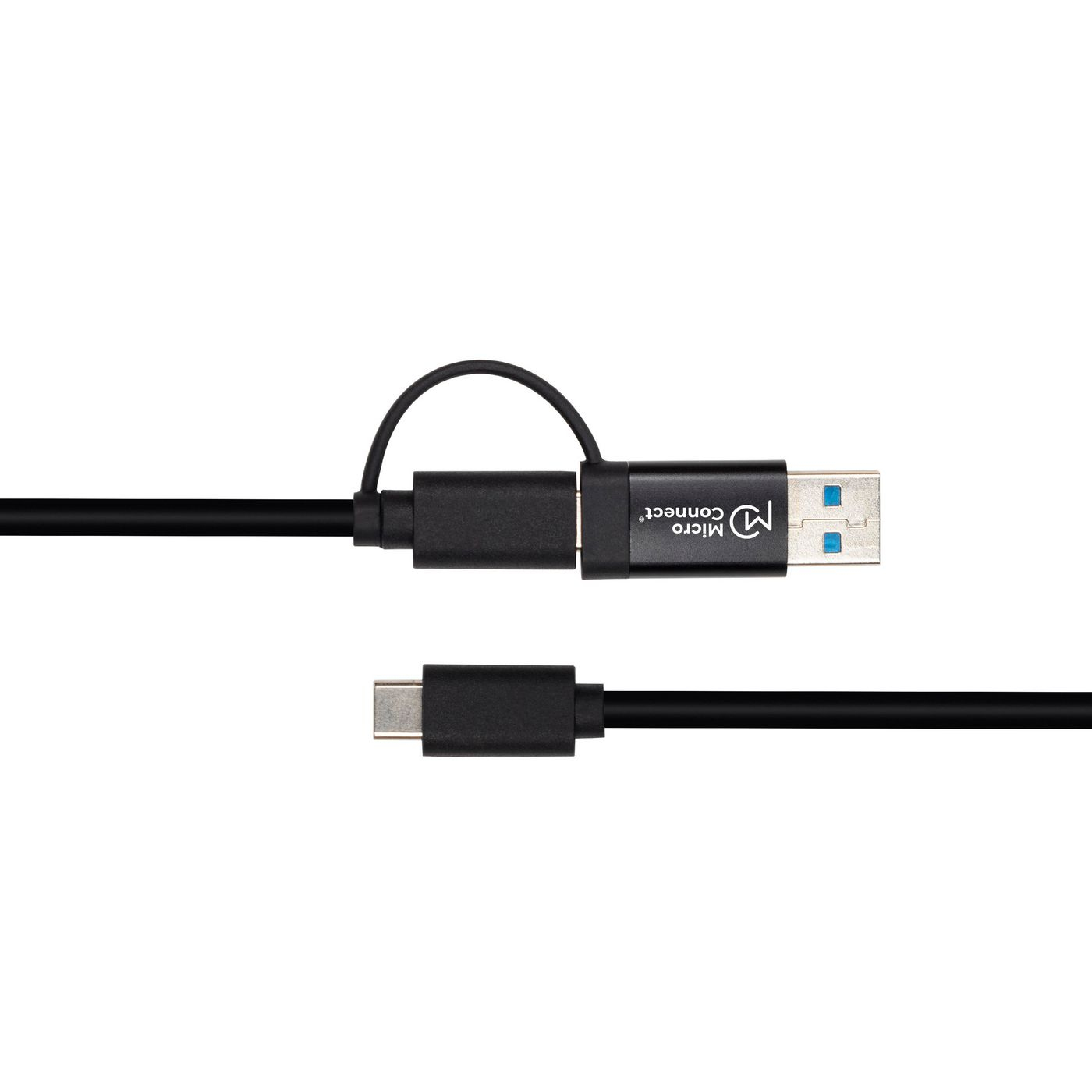 Câble USB noir avec connecteurs USB-A et USB-C. Le connecteur USB-A a des inserts bleus. Le logo Micro Connect est sur le câble.
