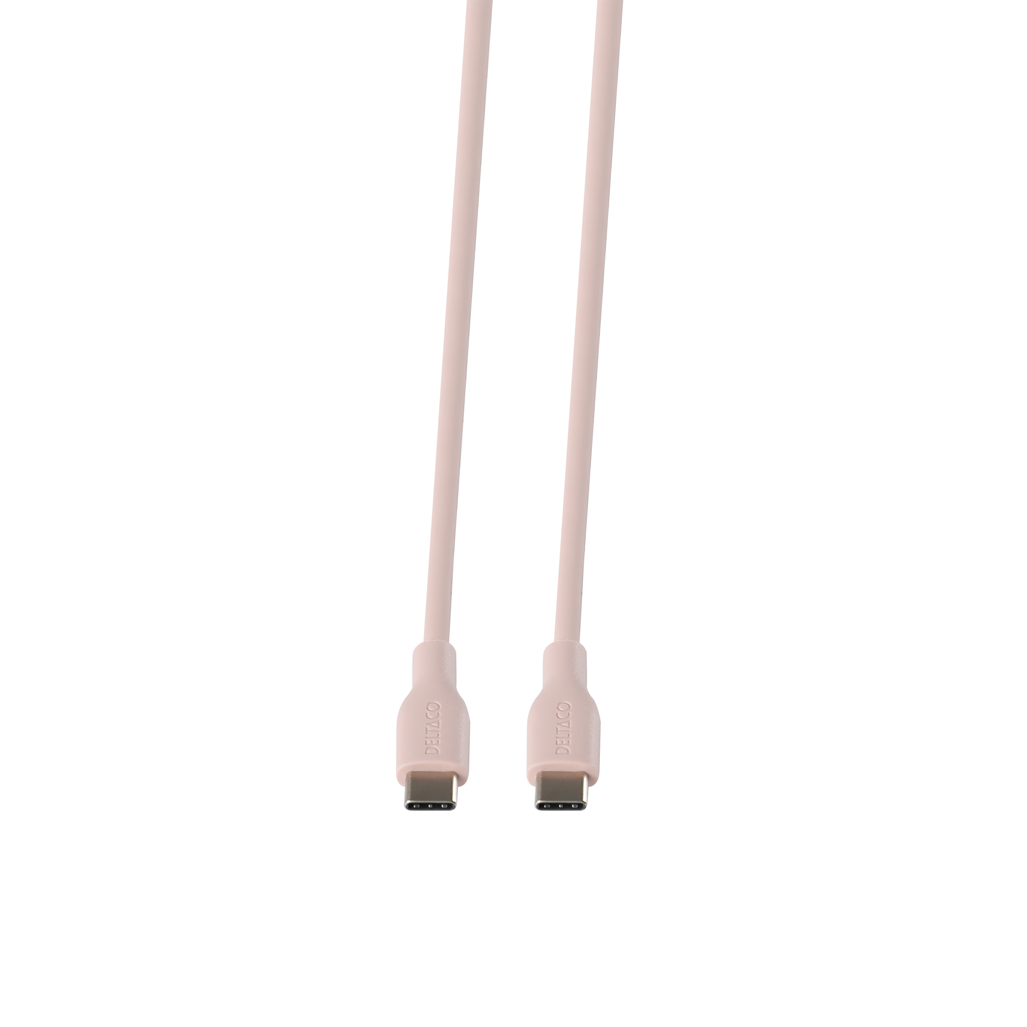 Dos cables USB-C rosas, conectores hacia la cámara, sobre fondo blanco.
