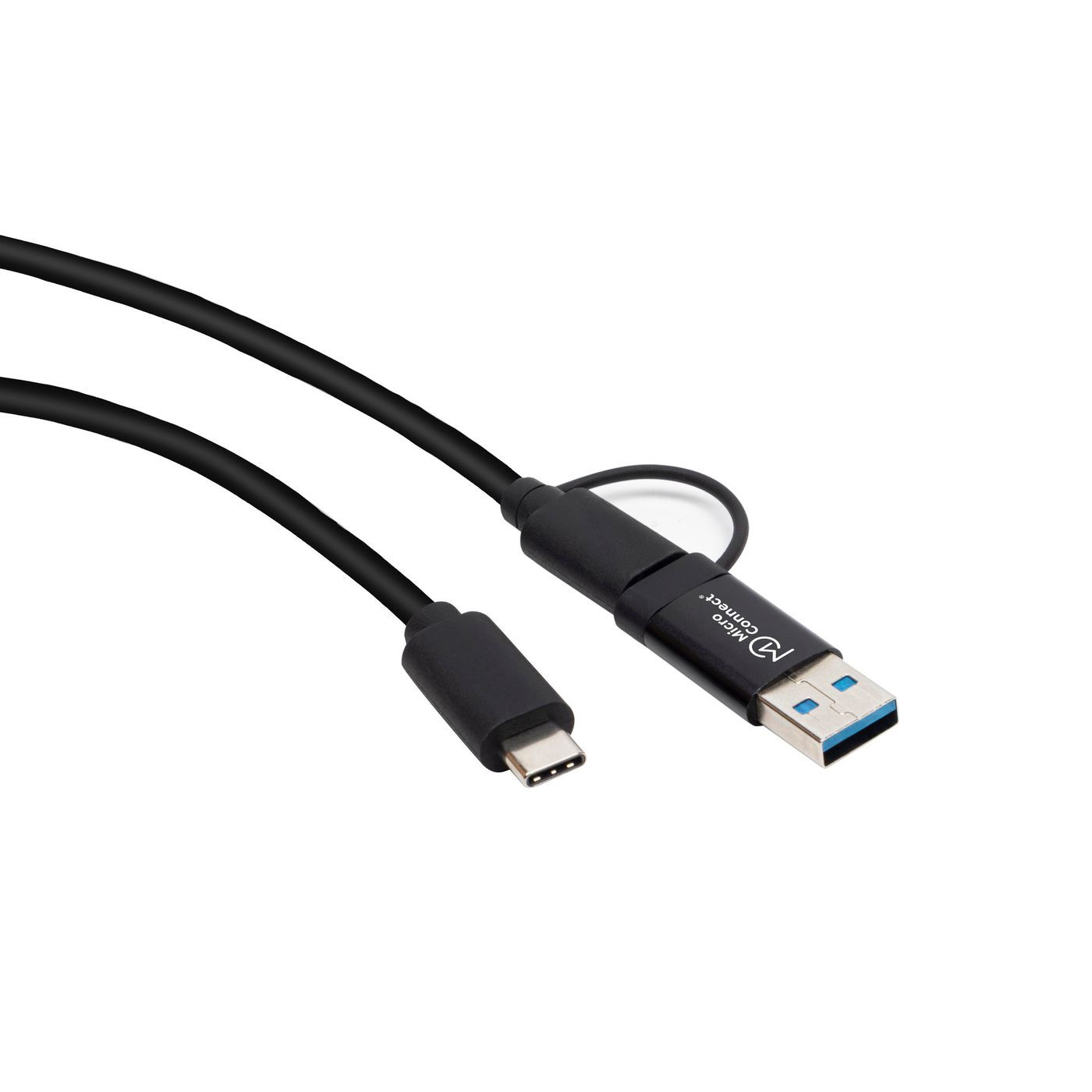 Un câble USB noir Micro Connect avec un connecteur USB-C et un connecteur USB-A. Le fond est blanc.