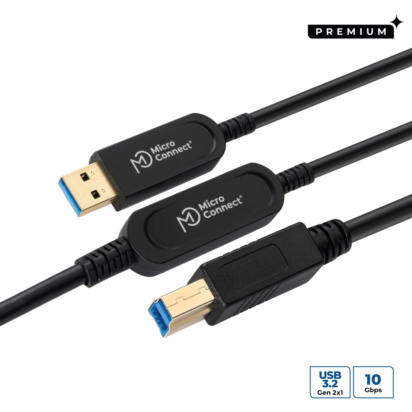 Trzy czarne kable USB z logo Micro Connect. Złote złącza z niebieskimi wkładkami. Etykieta Premium. USB 3.2, 10 Gbps.
