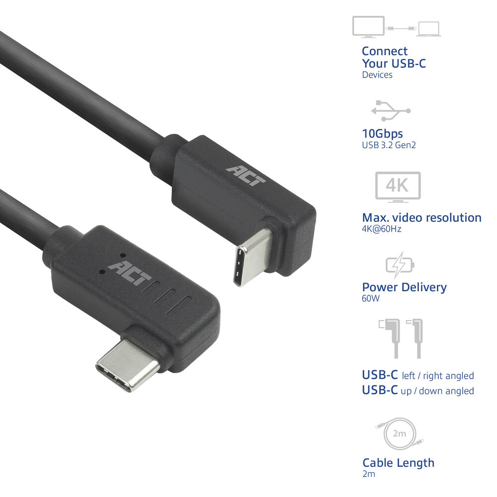Een zwarte USB-C-kabel met haakse connectoren. De kabel is voorzien van ACT en heeft pictogrammen voor 4K-video, voeding en lengte.