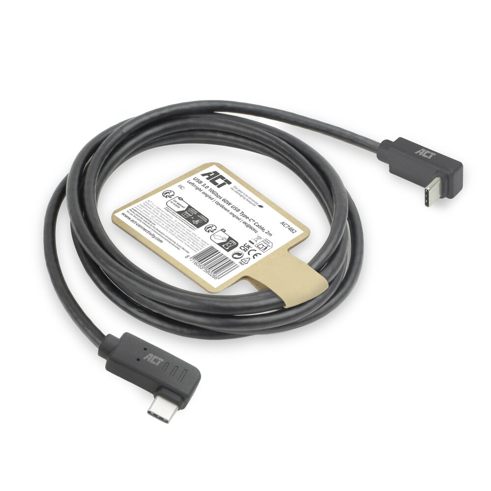 Zwarte USB-C-kabel met verpakking. De kabel is opgerold en heeft aan beide uiteinden connectoren. De verpakking is beige met gedrukte tekst.