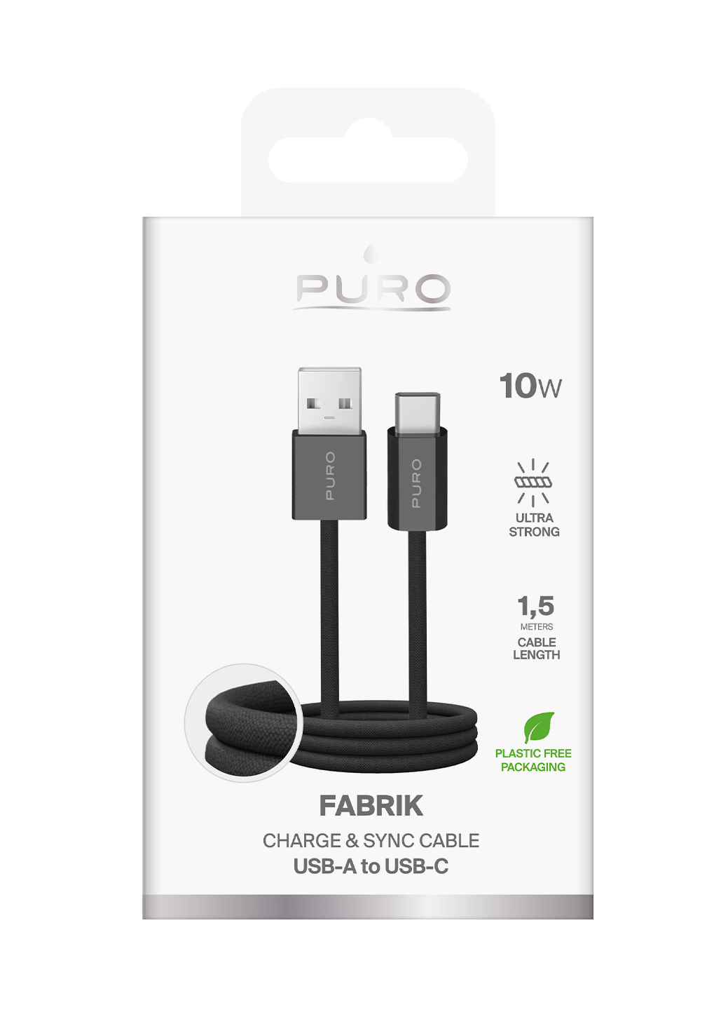 Białe pudełko z kablem USB-A do USB-C. Tekst zawiera 'PURO', '10W', 'FABRIK' i 'Plastic Free Packaging'.