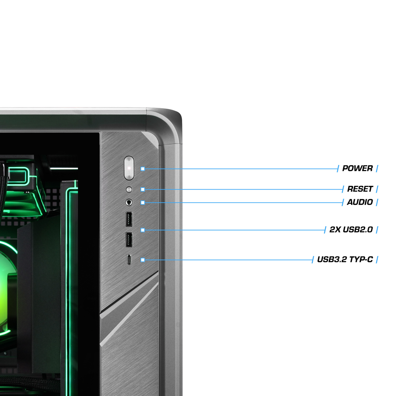 Vorderseite eines Computergehäuses mit Ein-/Ausschalter, Reset-Taste, Audio-, USB-Anschlüssen und einem USB-C-Anschluss.