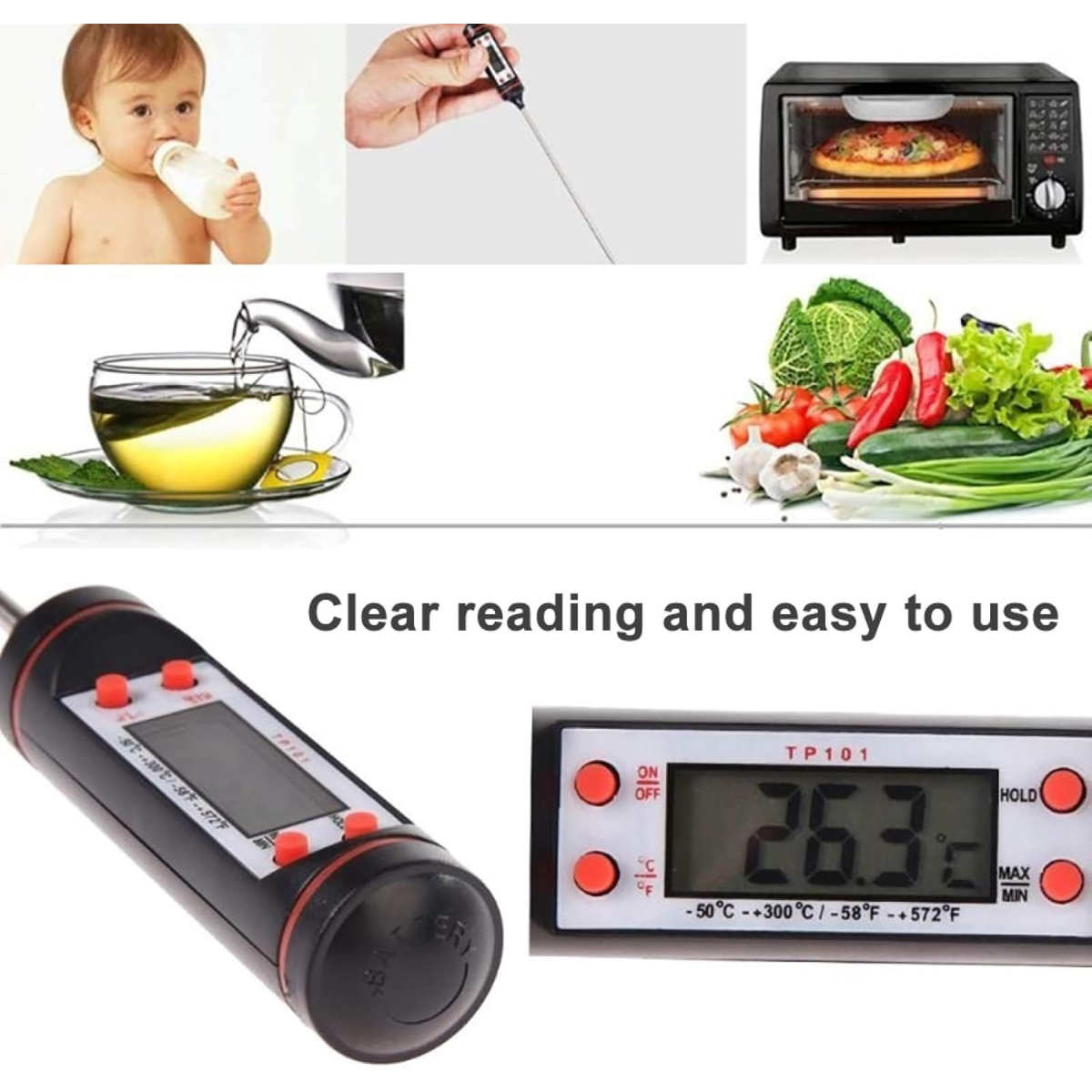 Das Bild zeigt ein Baby mit Flasche, Thermometer, Ofen mit Pizza, Teetasse, Gemüse und Digitalthermometer mit Temperaturanzeige.