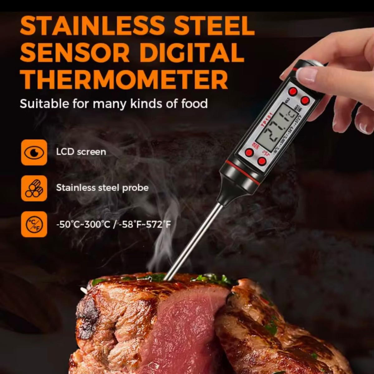 Ein digitales Thermometer wird in ein Steak gesteckt. Text sagt 'Edelstahl-Sensor-Digitalthermometer', geeignet für Lebensmittel.