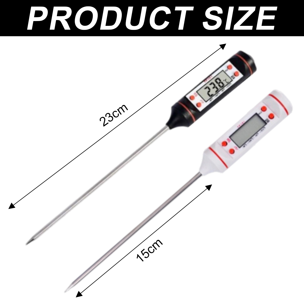 Zwei digitale Lebensmitteltemperaturmessgeräte. Eines schwarz, 23 cm, und eines weiß, 15 cm. Beide haben Metall-Sonden.
