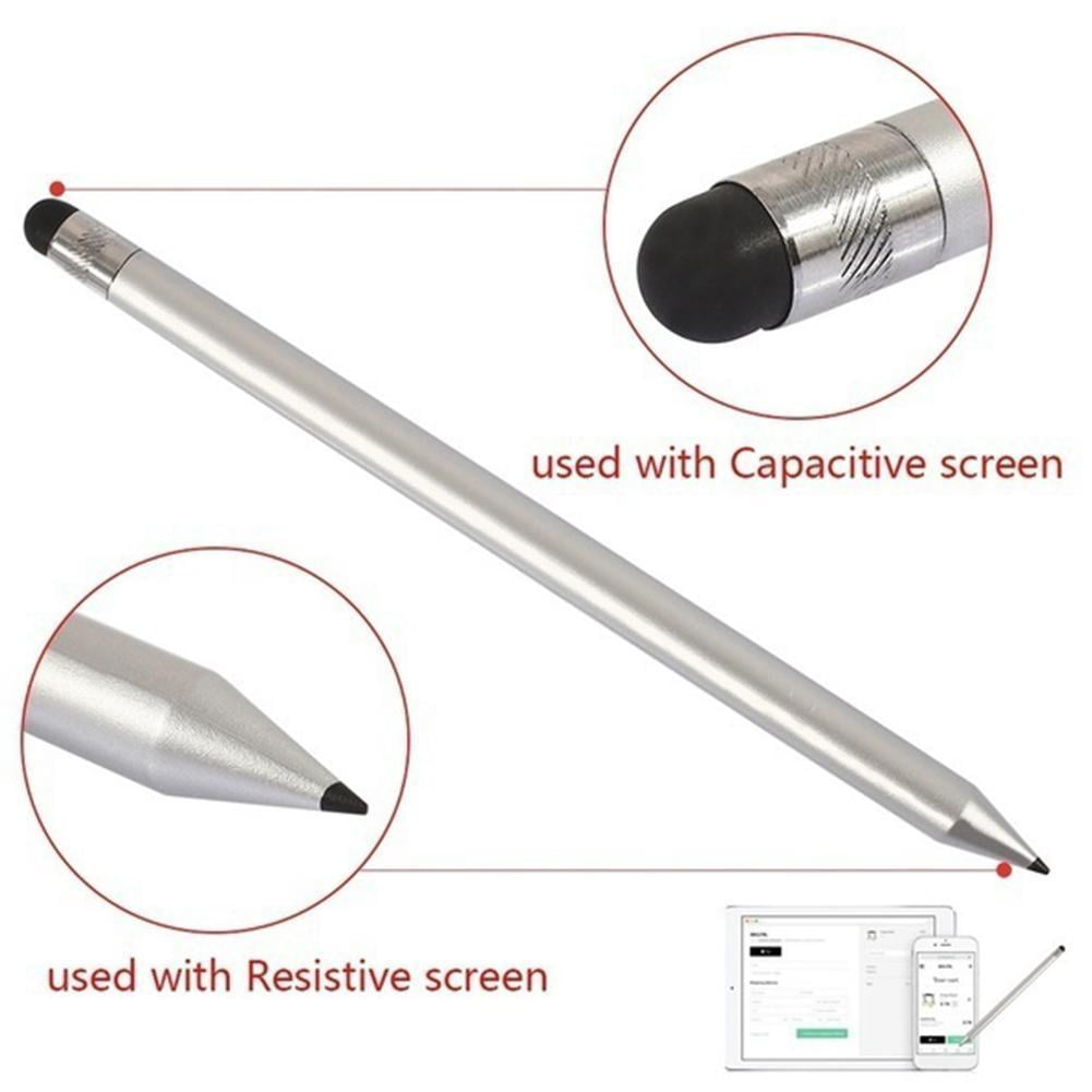 Ein silberner Stift mit schwarzen Spitzen, gezeigt mit Nahaufnahmen und Diagrammen, die die Verwendung mit kapazitiven und resistiven Bildschirmen angeben.