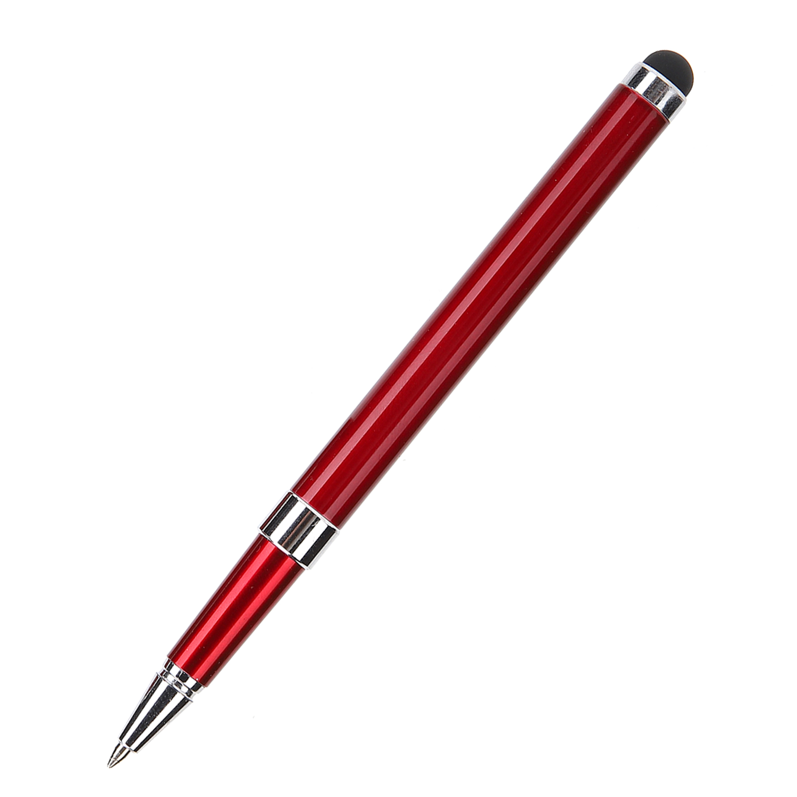 Ein roter Stift mit schwarzer Spitze und silbernen Akzenten auf weißem Hintergrund.