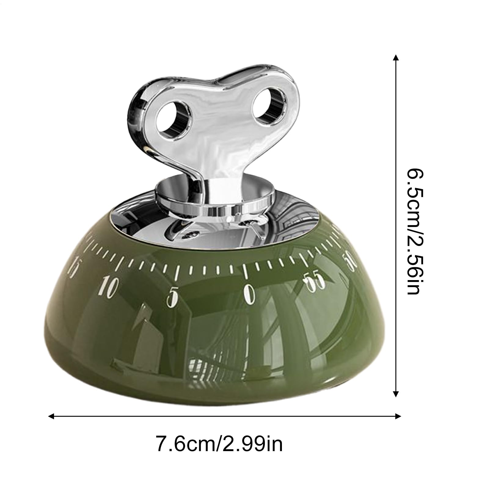 Ein grüner Küchentimer mit einem verchromten schlüsselförmigen Aufsatz. Er hat Zahlen um das Zifferblatt und Maße in Zoll und cm.