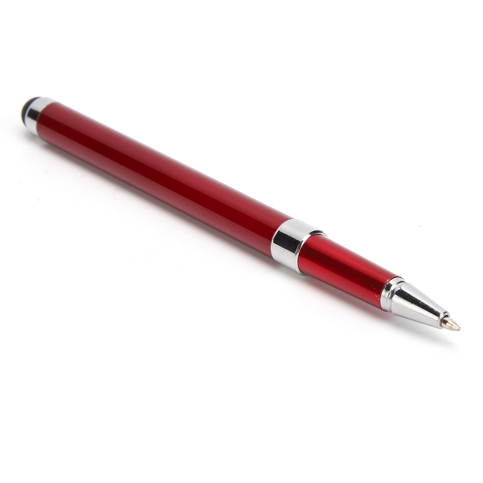 Ein roter Stift mit silbernen Akzenten liegt auf einer weißen Oberfläche. Der Stift ist diagonal ausgerichtet.