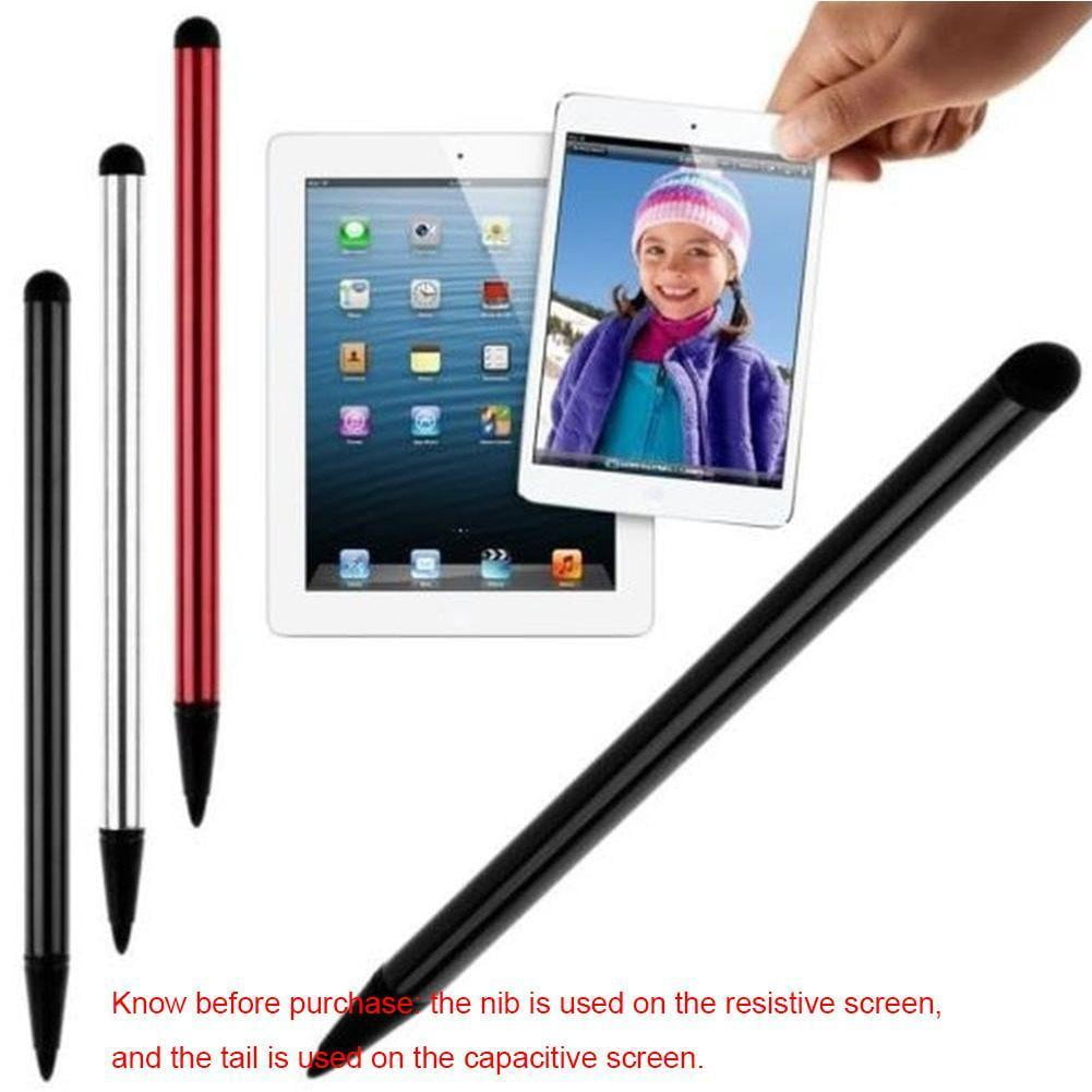 Das Bild zeigt Stifte, Tablets und eine Hand, die ein Tablet mit einem Kinderfoto hält. Der Text erklärt die Verwendung des Stifts auf Bildschirmen.