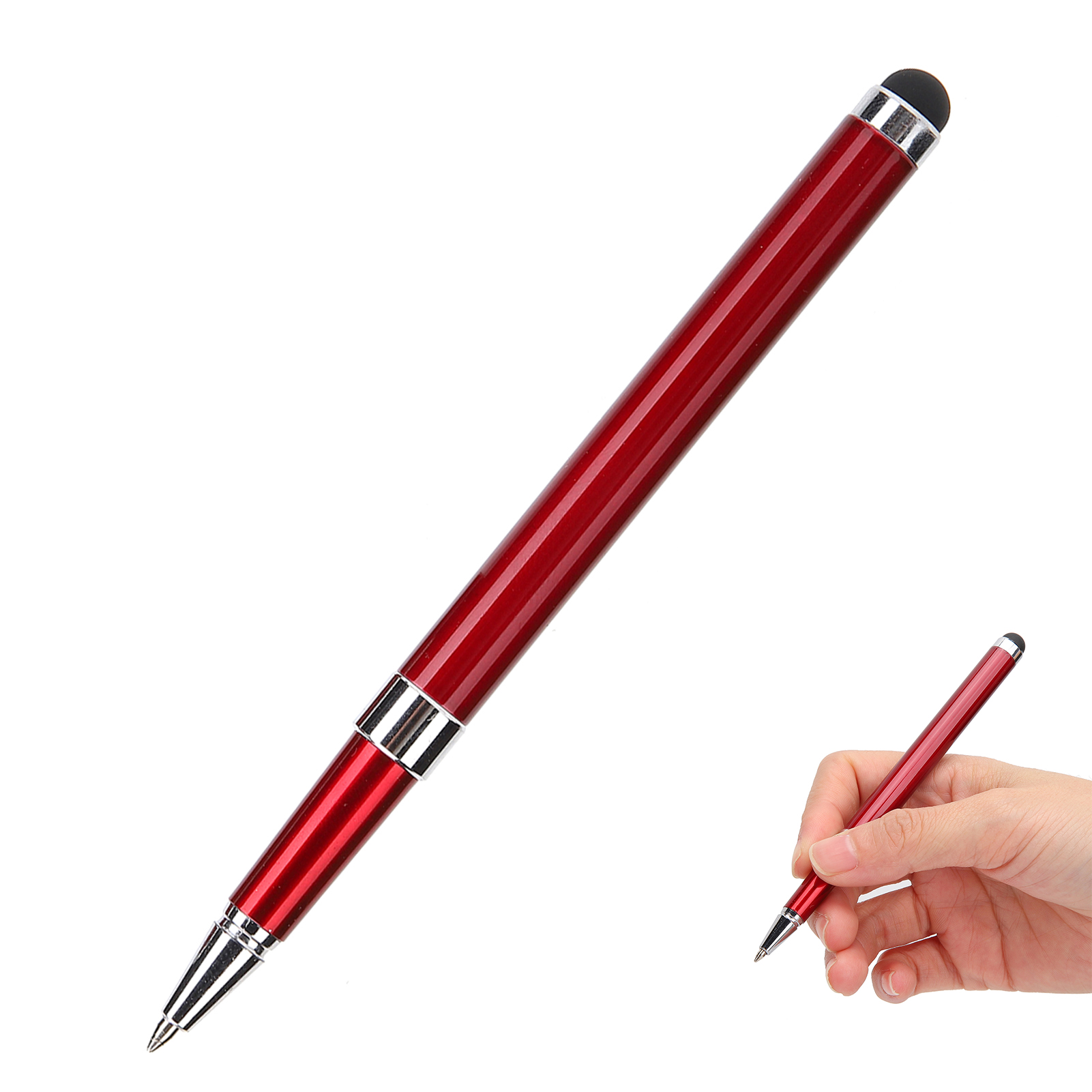 Ein roter Stift mit schwarzer Spitze. Eine Hand hält einen ähnlichen Stift. Weißer Hintergrund.