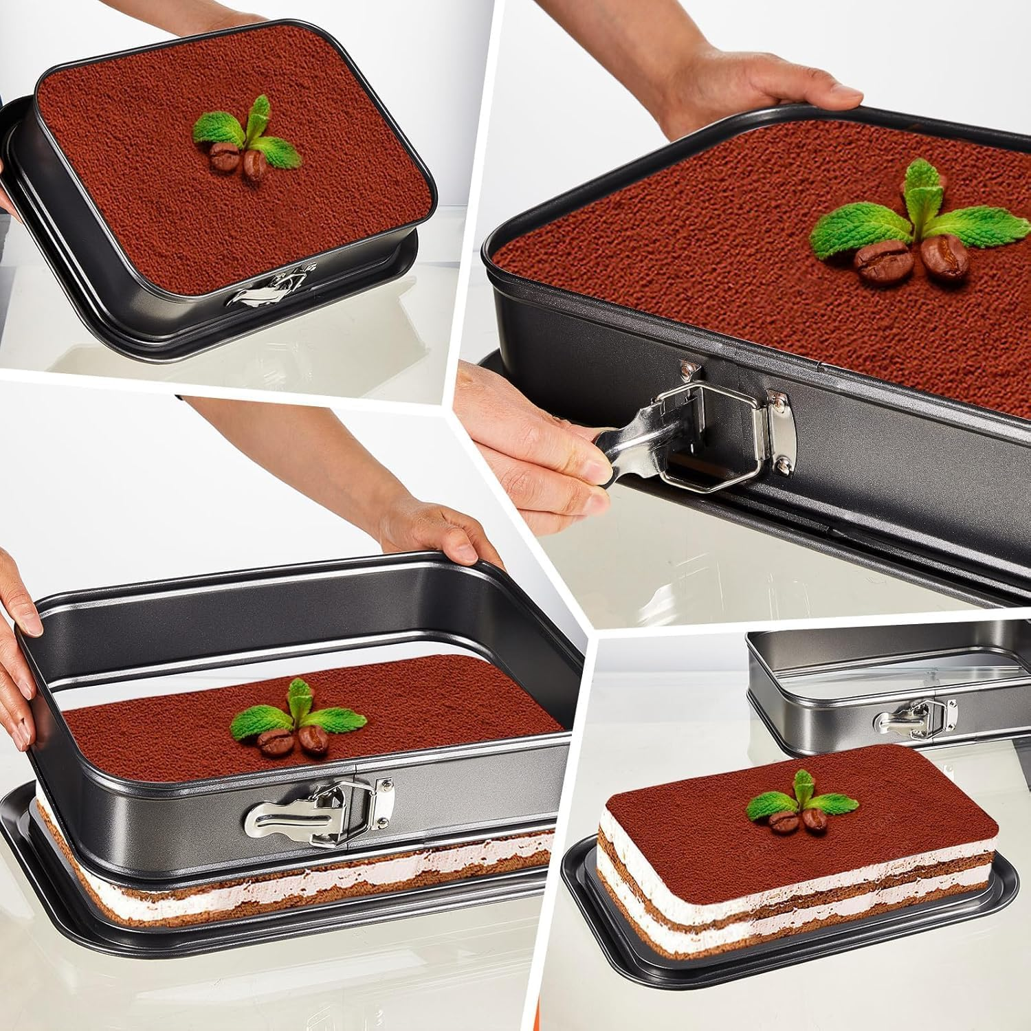 Tiramisu-Kuchen in einer quadratischen Form. Kakaopulver obenauf, mit Minze und Kaffeebohnen dekoriert. Schichten sichtbar.