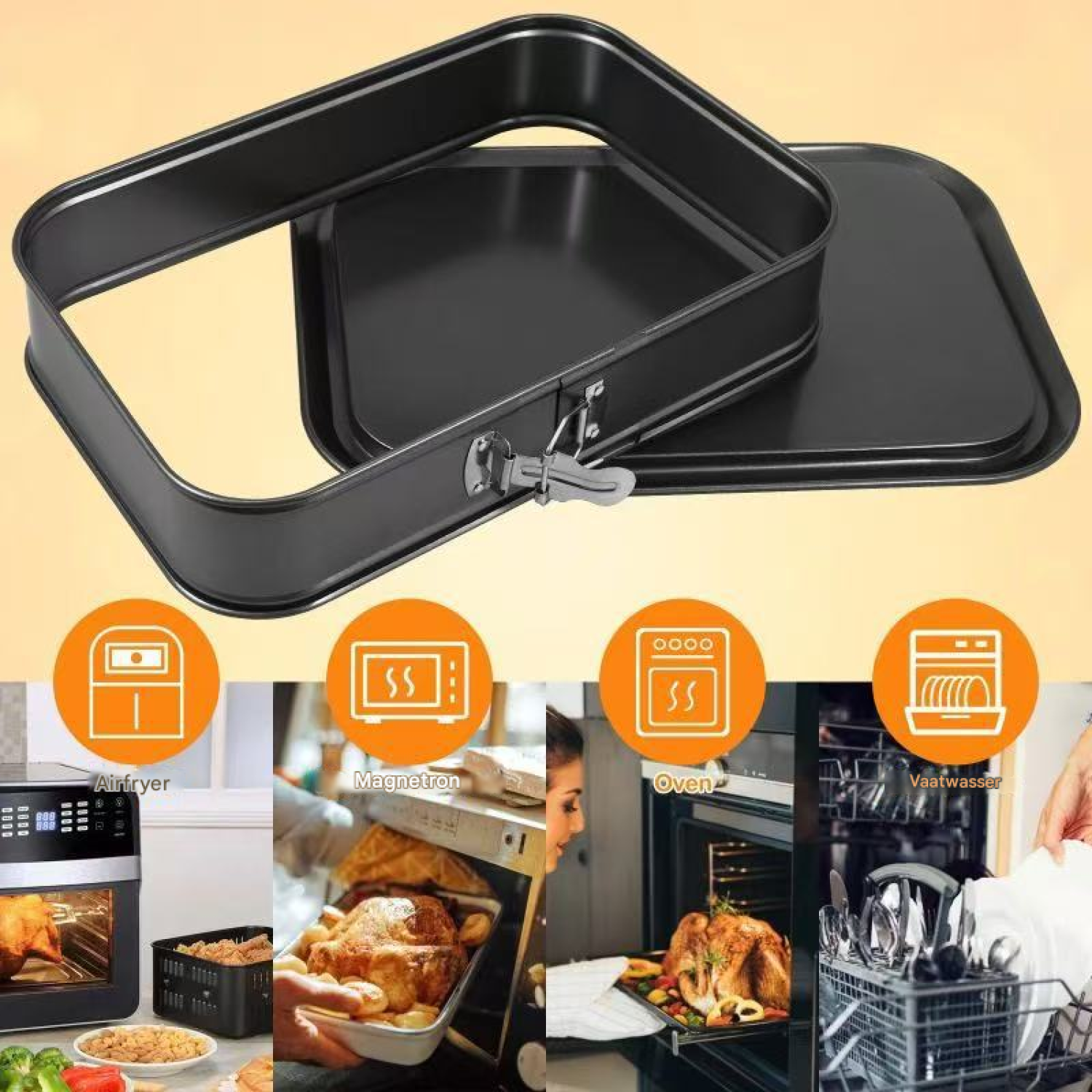 Schwarze quadratische Backform mit abnehmbarer Seite. Symbole für Heißluftfritteuse, Mikrowelle, Backofen und Geschirrspüler.