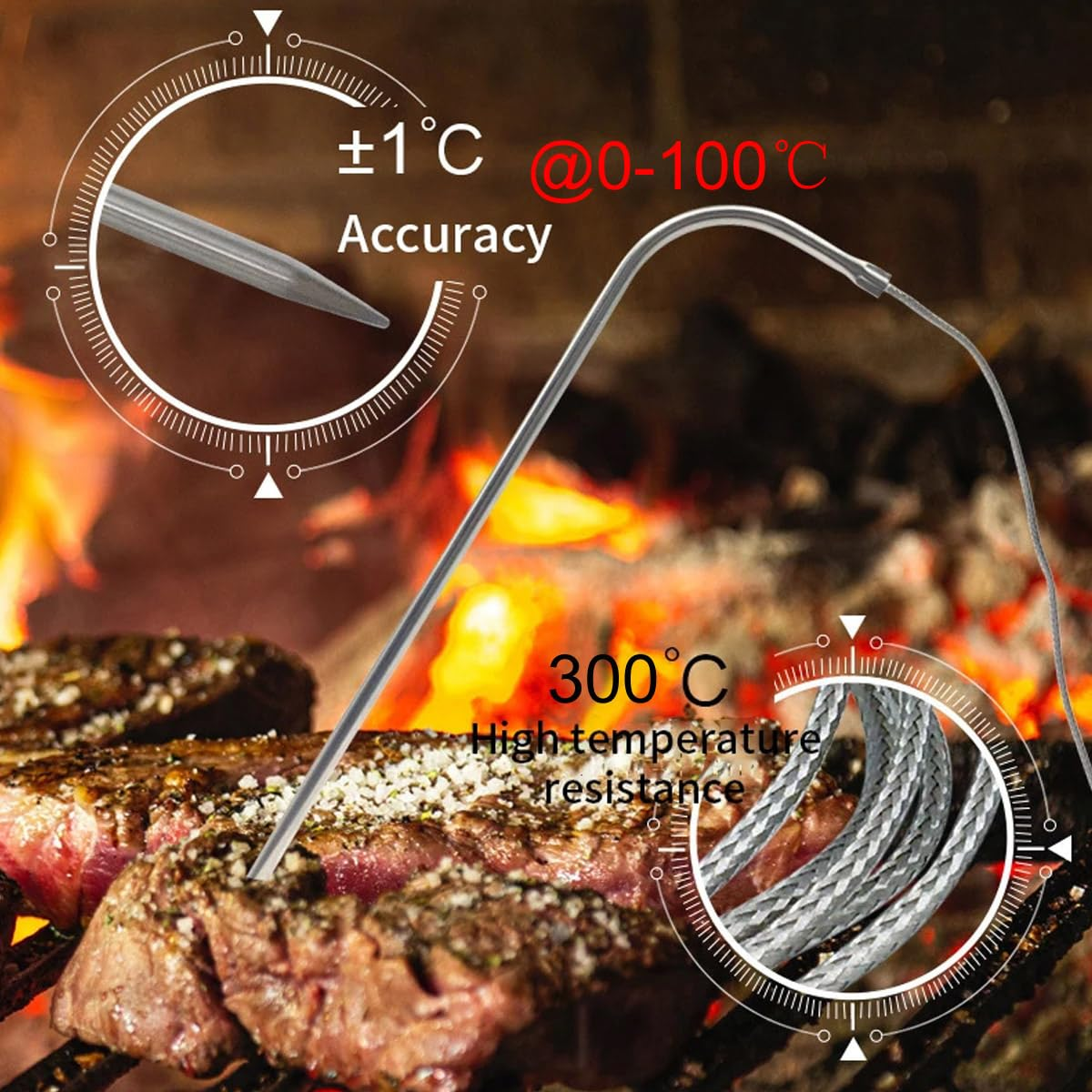 Ein Fleischthermometer steckt in einem Steak auf einem Grill. Text zeigt Temperaturbereich, Genauigkeit und Hochtemperaturbeständigkeit.